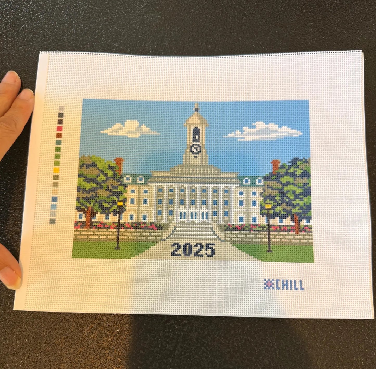 Happy Valley Campus Clocktower Needlepoint Canvas – Stitched Example – Needlepoint & Chill