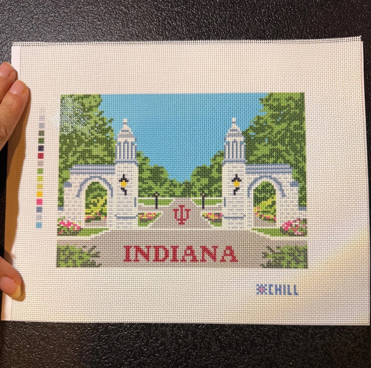 Indiana College Town Gate Needlepoint Canvas – Stitched Example – Needlepoint & Chill