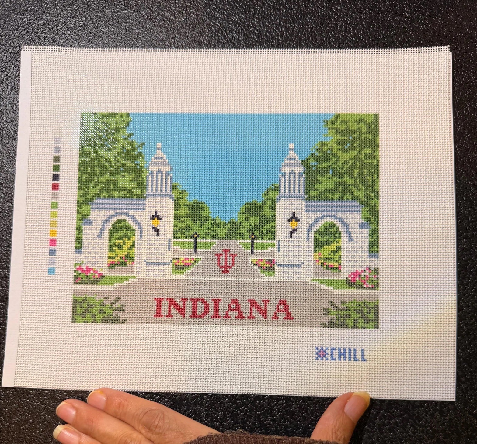 Indiana College Town Gate Needlepoint Canvas – Full View – Needlepoint & Chill