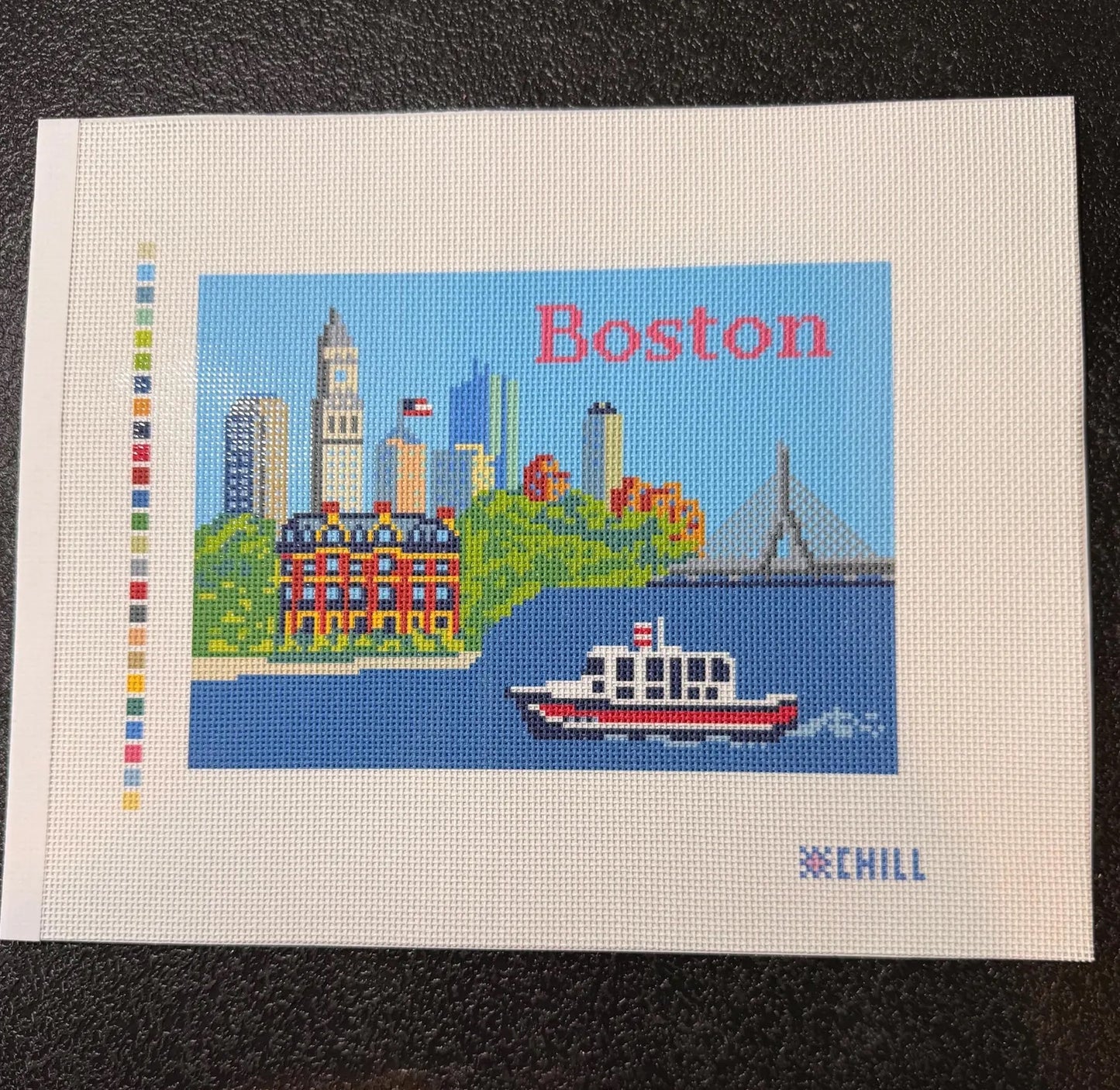 Boston Skyline Needlepoint Canvas – Stitched Example – Needlepoint & Chill