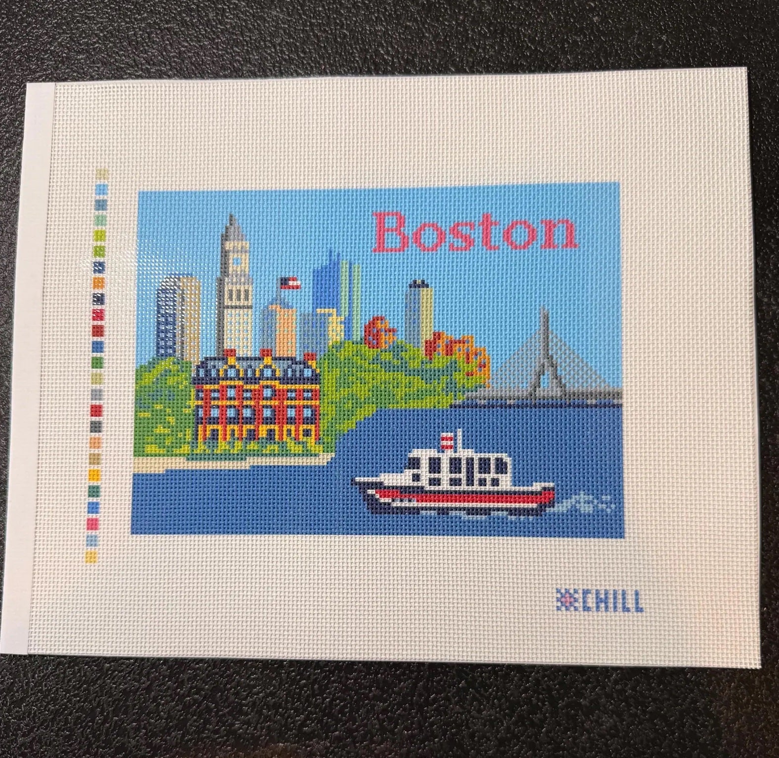 Boston Skyline Needlepoint Canvas – Stitched Example – Needlepoint & Chill