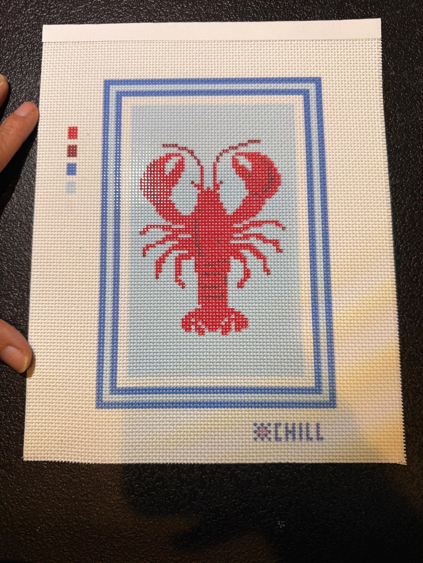 Lobster in Blue Needlepoint Canvas – Stitched Example – Needlepoint & Chill