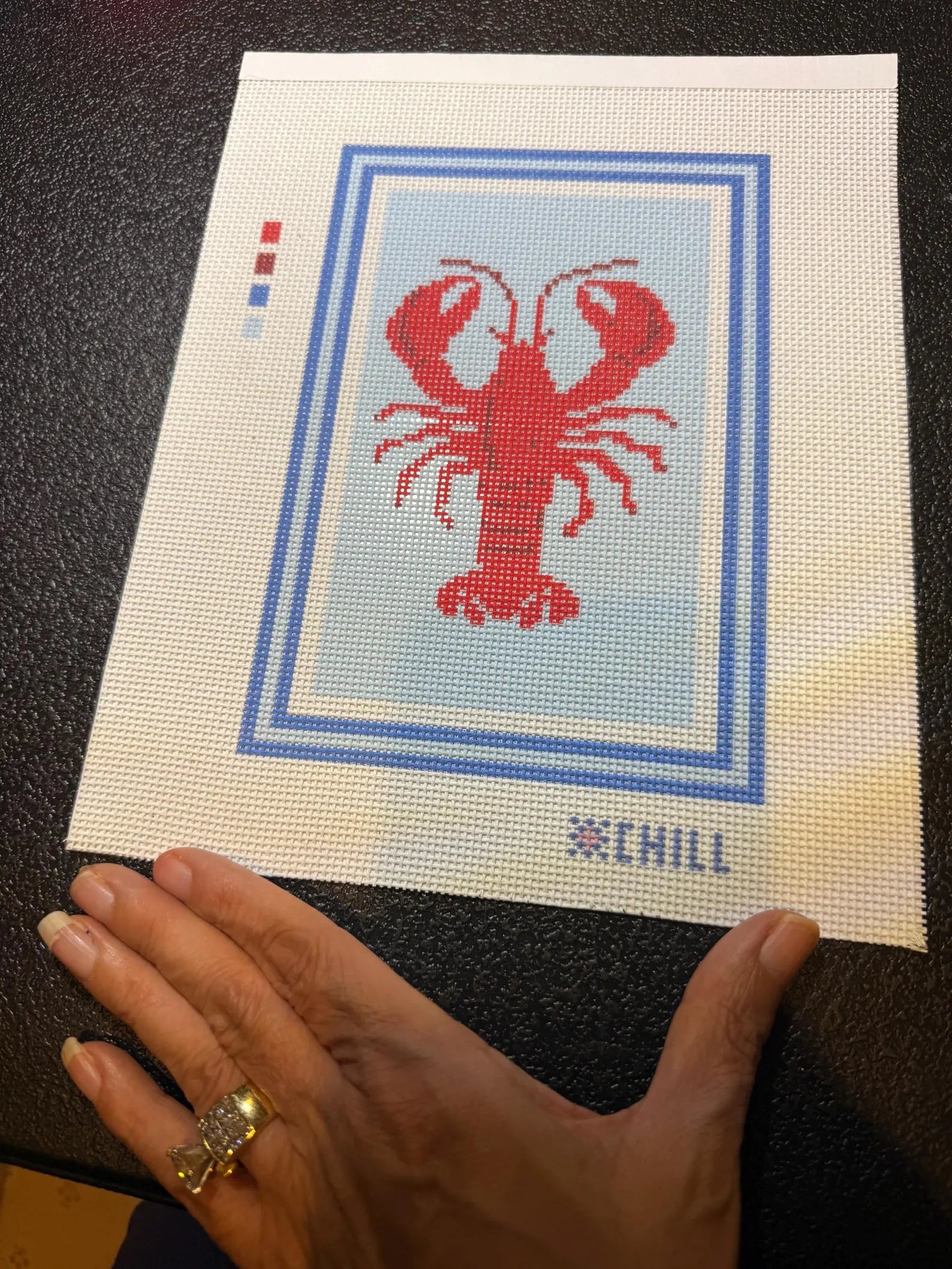 Lobster in Blue Needlepoint Canvas – Full View – Needlepoint & Chill