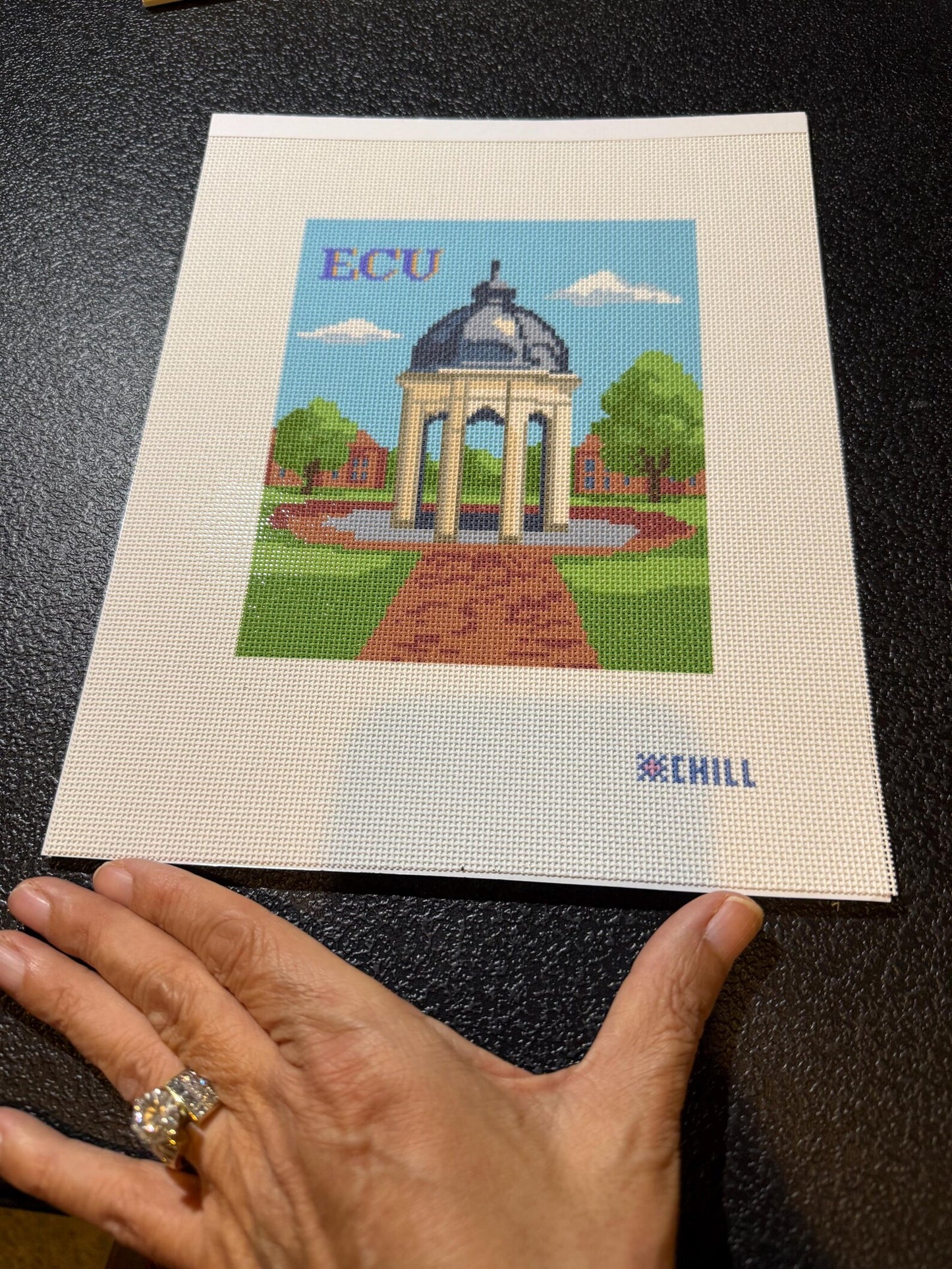 Greenville NC Cupola Needlepoint Canvas – Stitched Example – Needlepoint & Chill