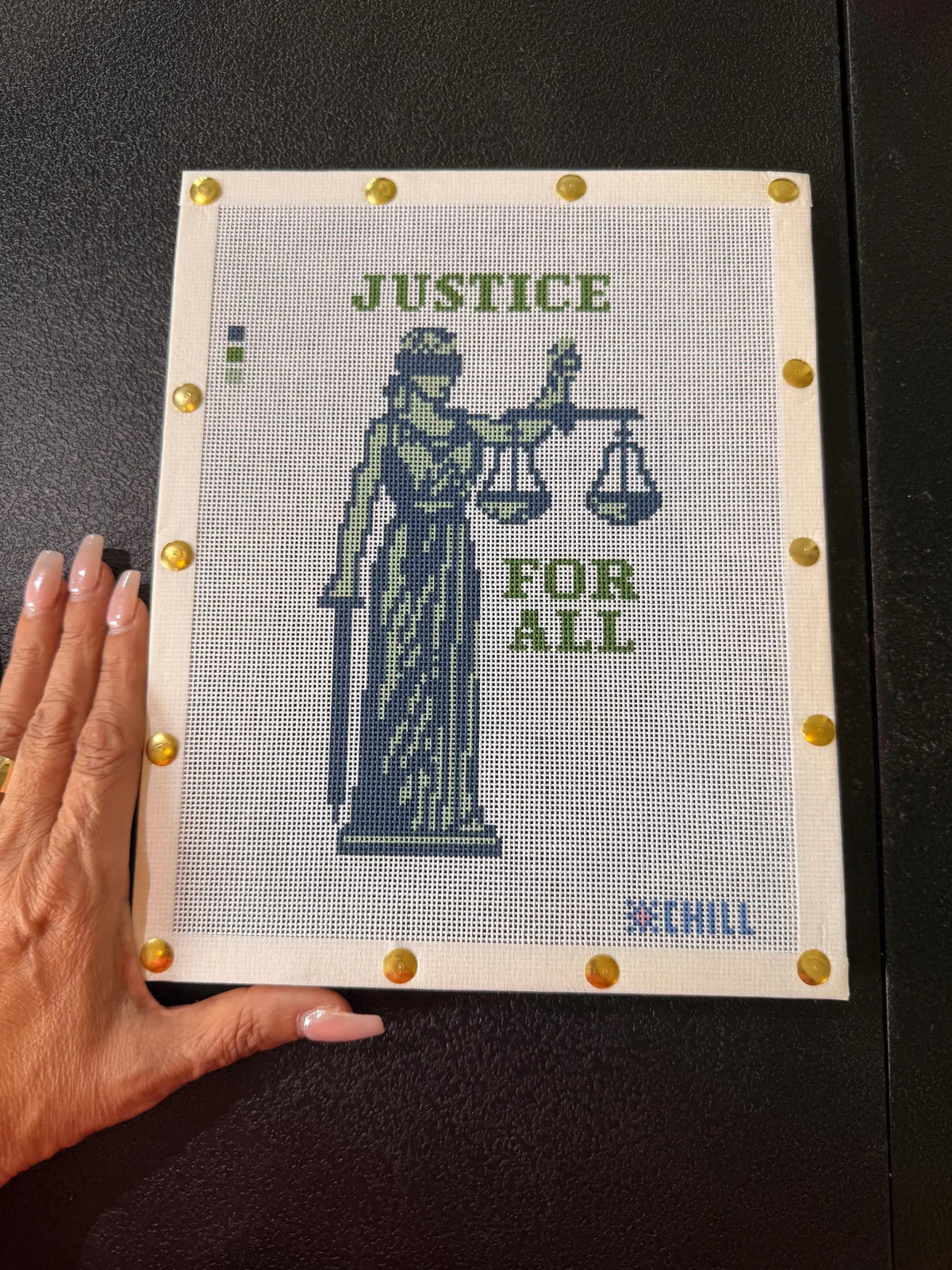 Lady Justice Needlepoint Canvas – Finished Piece – Needlepoint & Chill