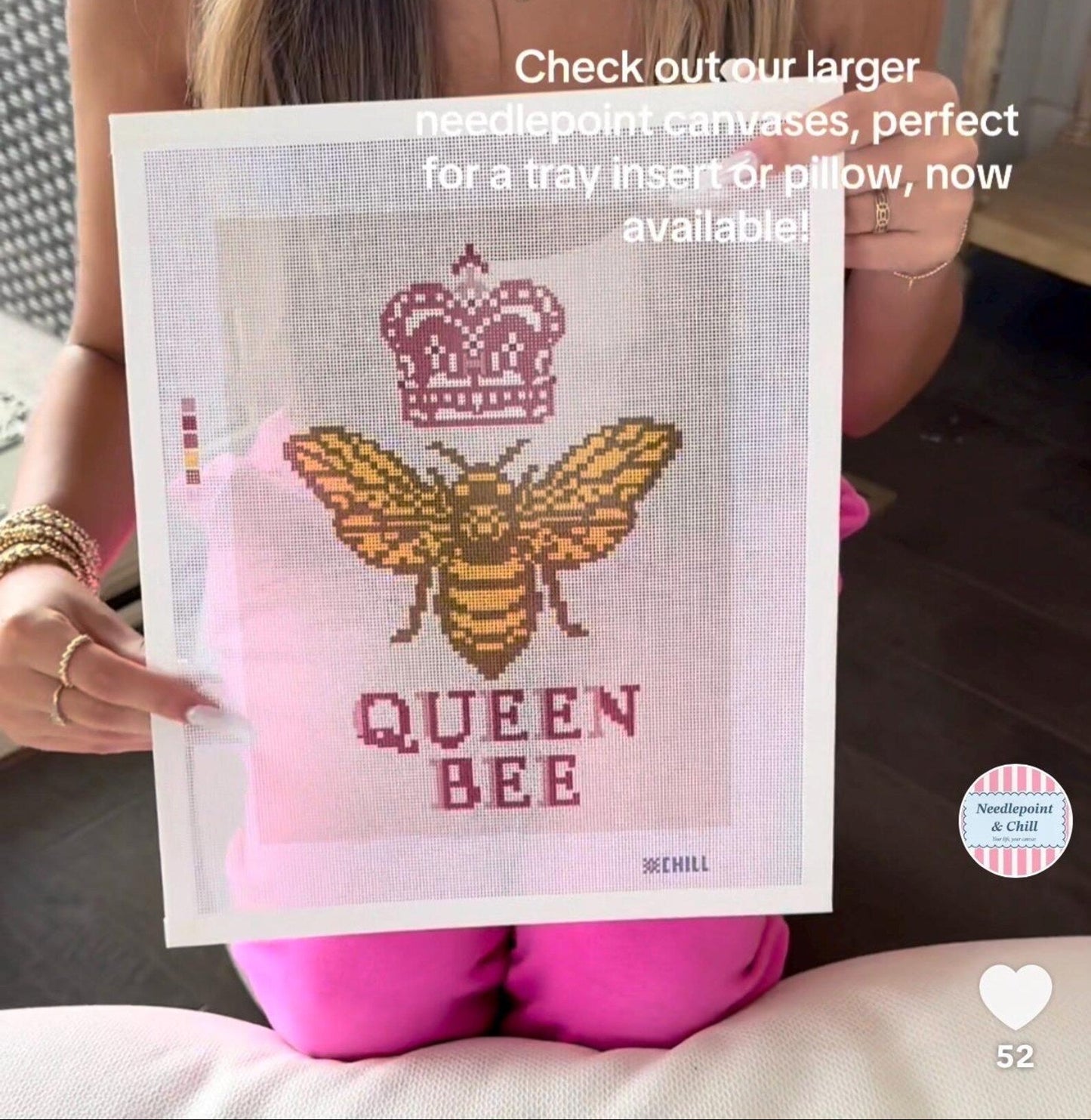 Queen Bee Large Size Needlepoint Canvas – Stitched Example – Needlepoint & Chill
