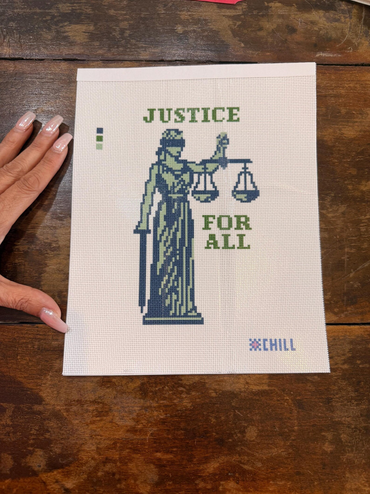 Lady Justice Needlepoint Canvas – Stitched Example – Needlepoint & Chill
