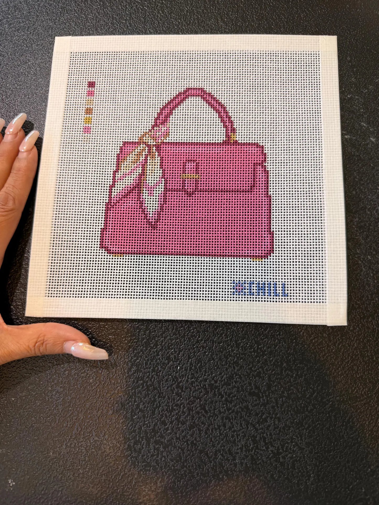 Pink Handbag with Scarf Needlepoint Canvas – Finished Piece – Needlepoint & Chill