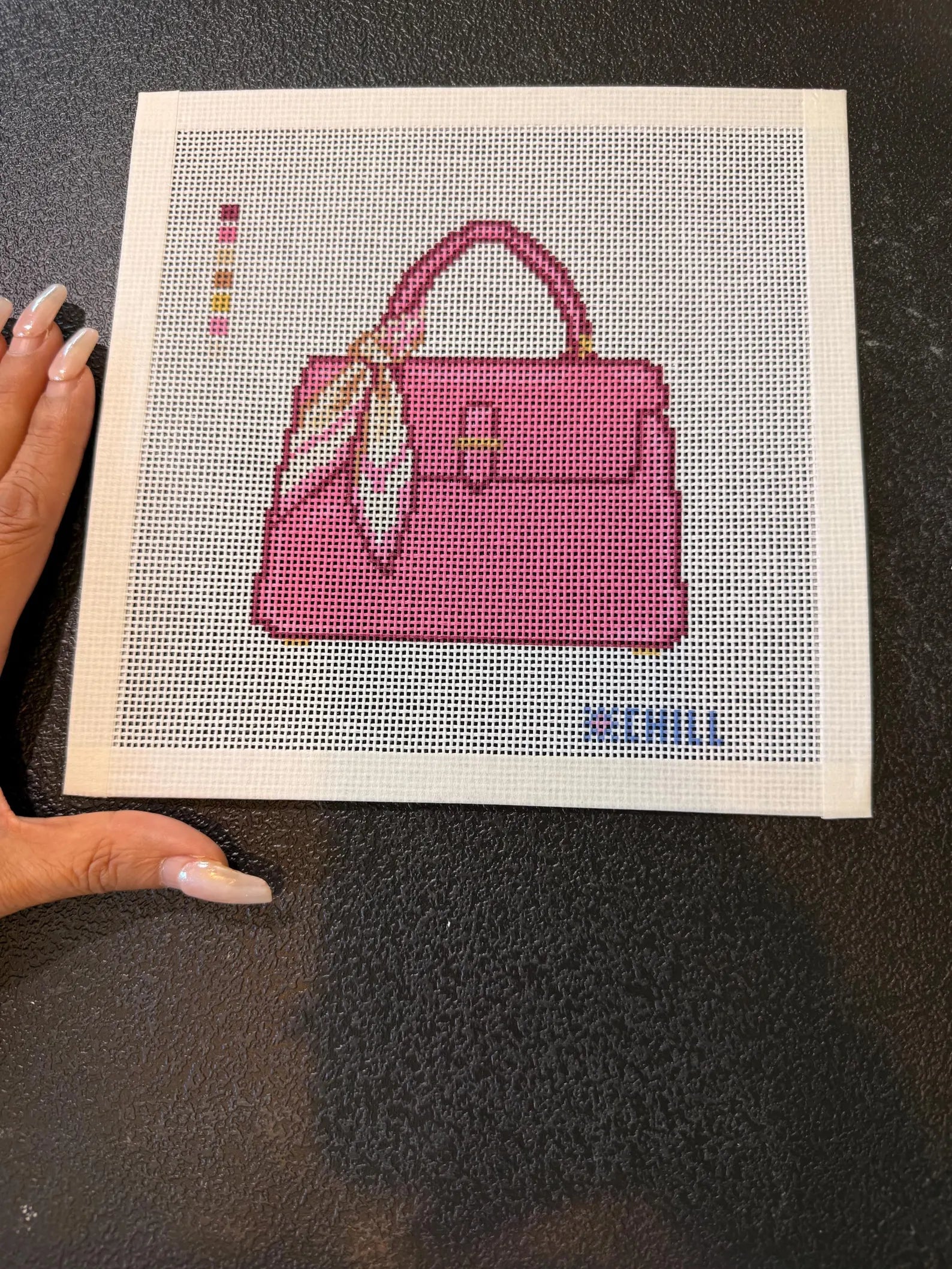 Pink Handbag with Scarf Needlepoint Canvas – Finished Piece – Needlepoint & Chill