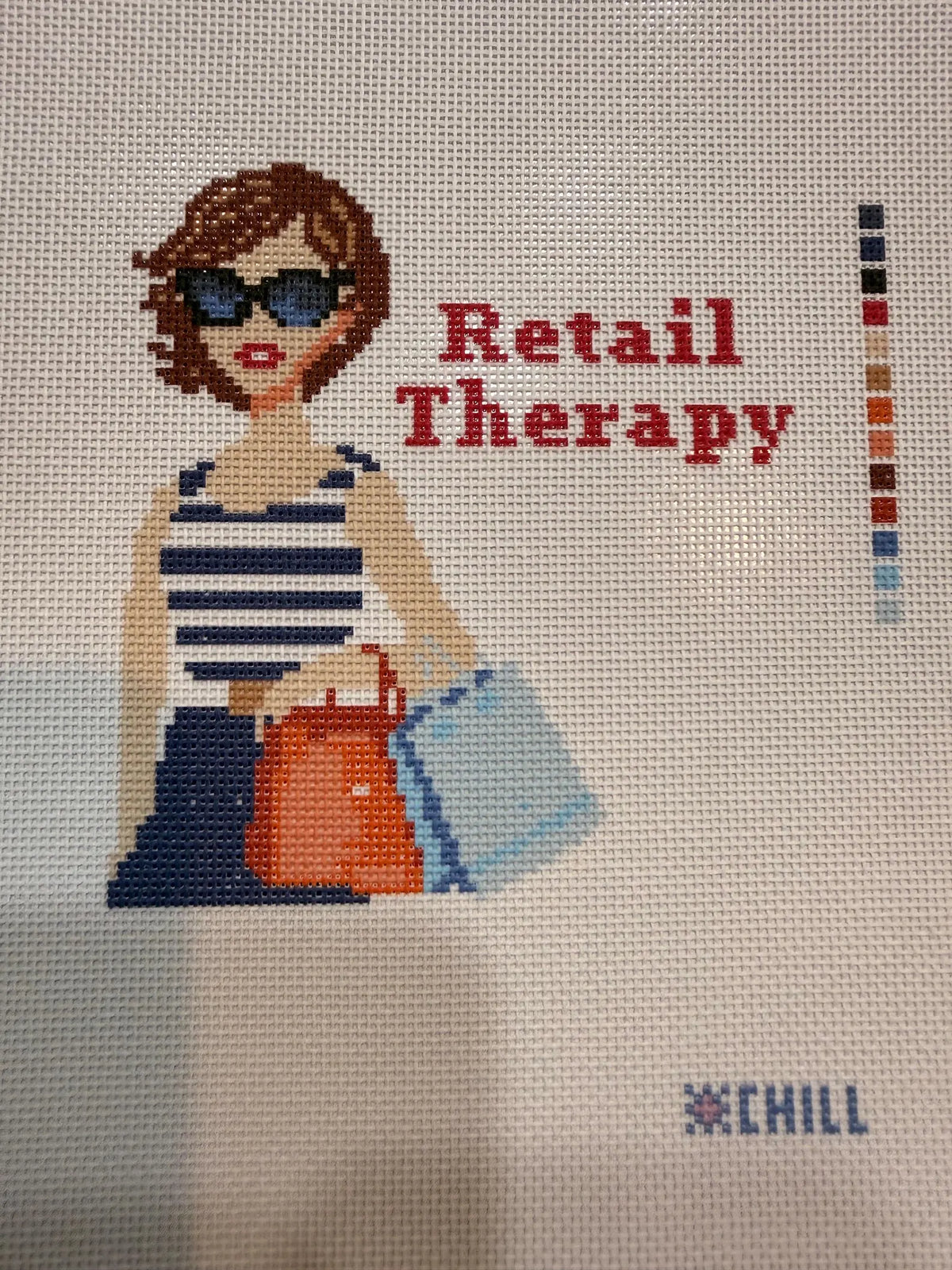 Retail Therapy Shopping Girl Needlepoint Canvas – Finished Piece – Needlepoint & Chill