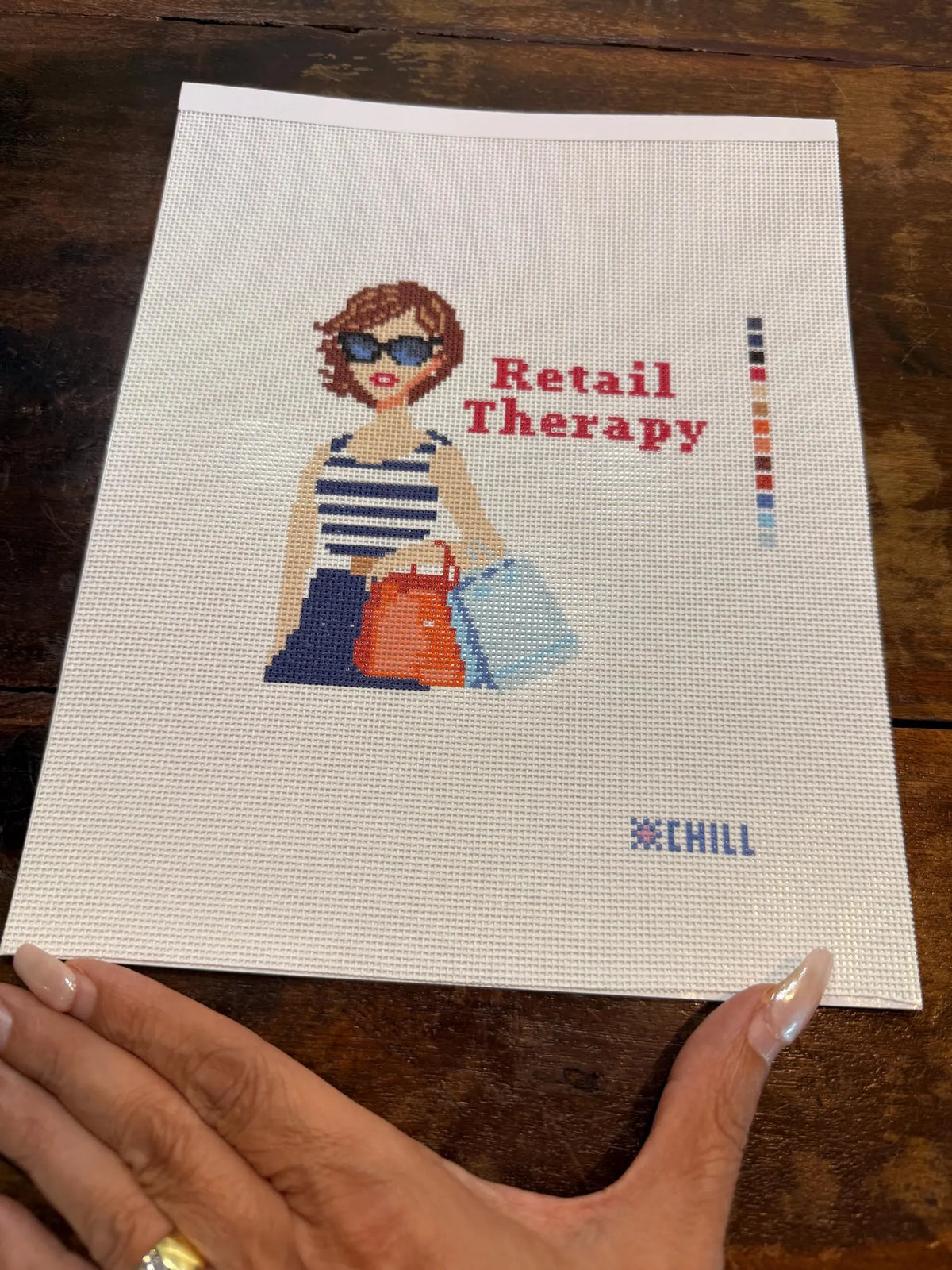 Retail Therapy Shopping Girl Needlepoint Canvas – Full View – Needlepoint & Chill