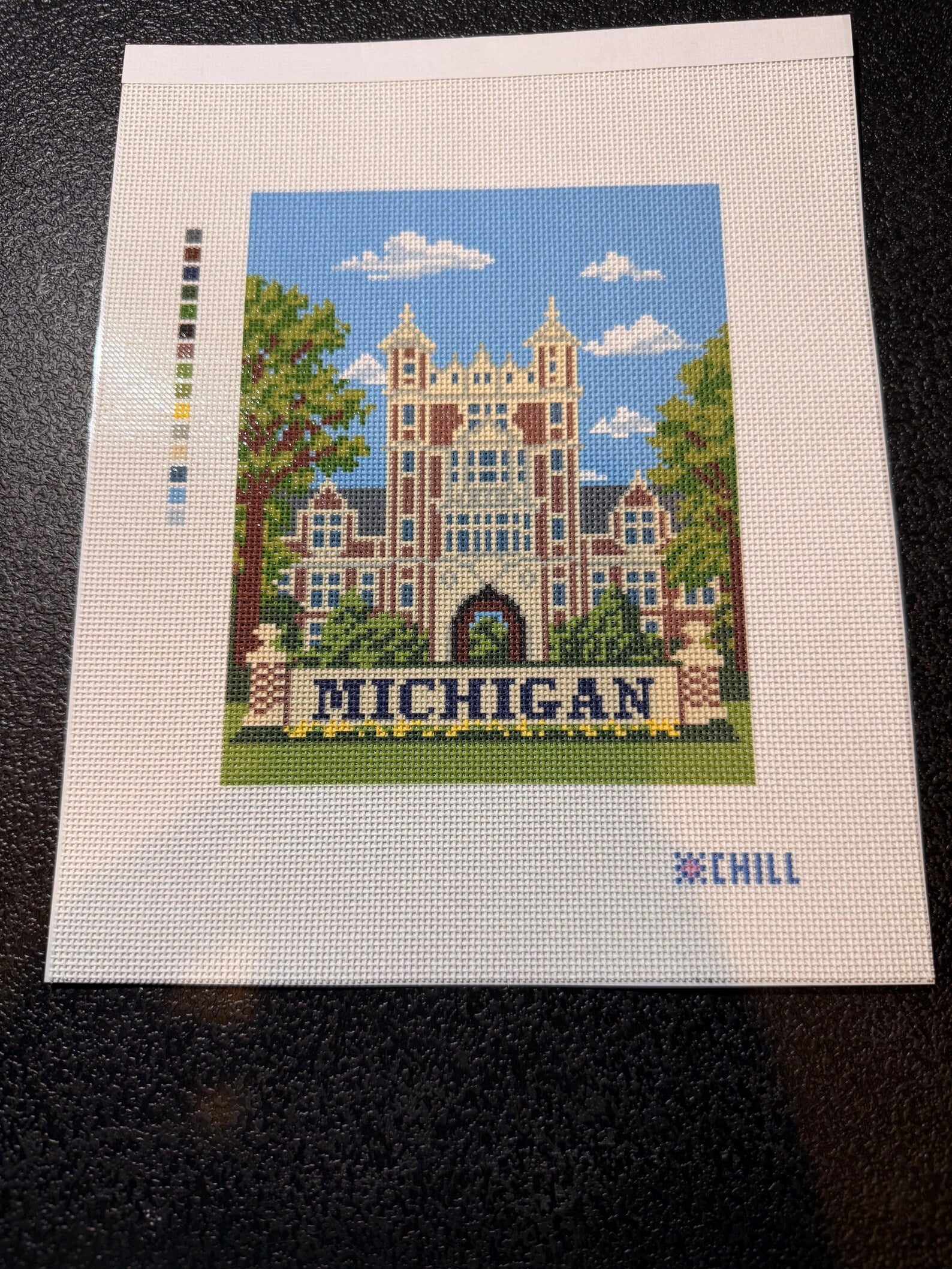 Michigan Campus Landmark Needlepoint Canvas – Close Up – Needlepoint & Chill