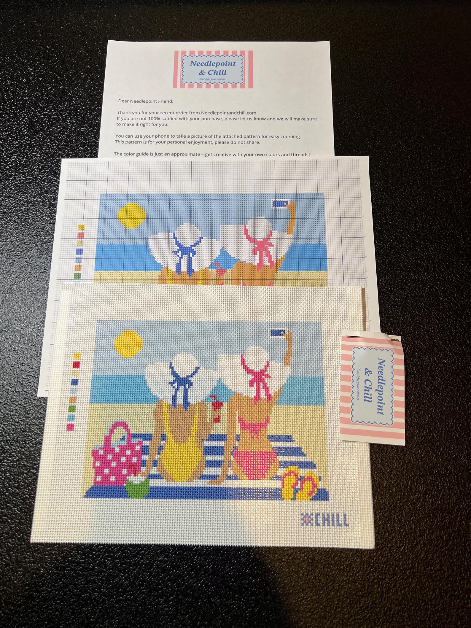 Seaside Selfie Needlepoint Canvas – Stitched Example – Needlepoint & Chill