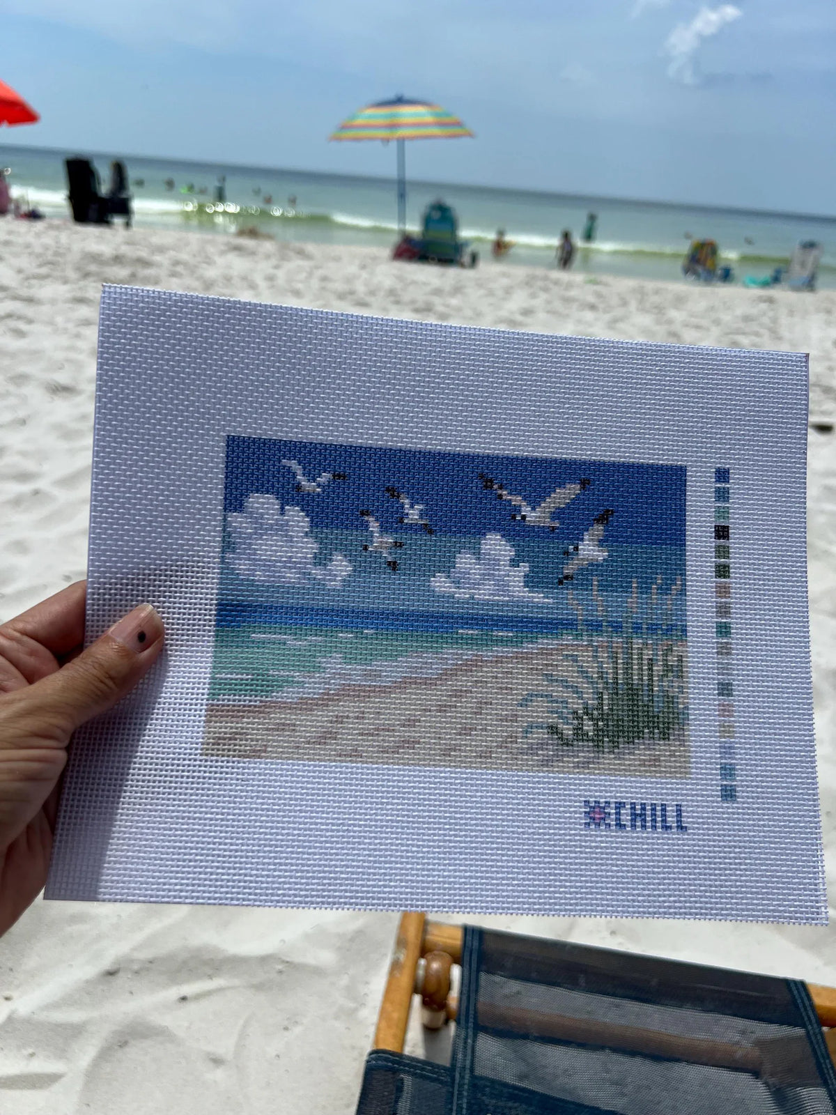 Gulf Shores Beach with Seagulls Needlepoint Canvas – Canvas Detail – Needlepoint & Chill