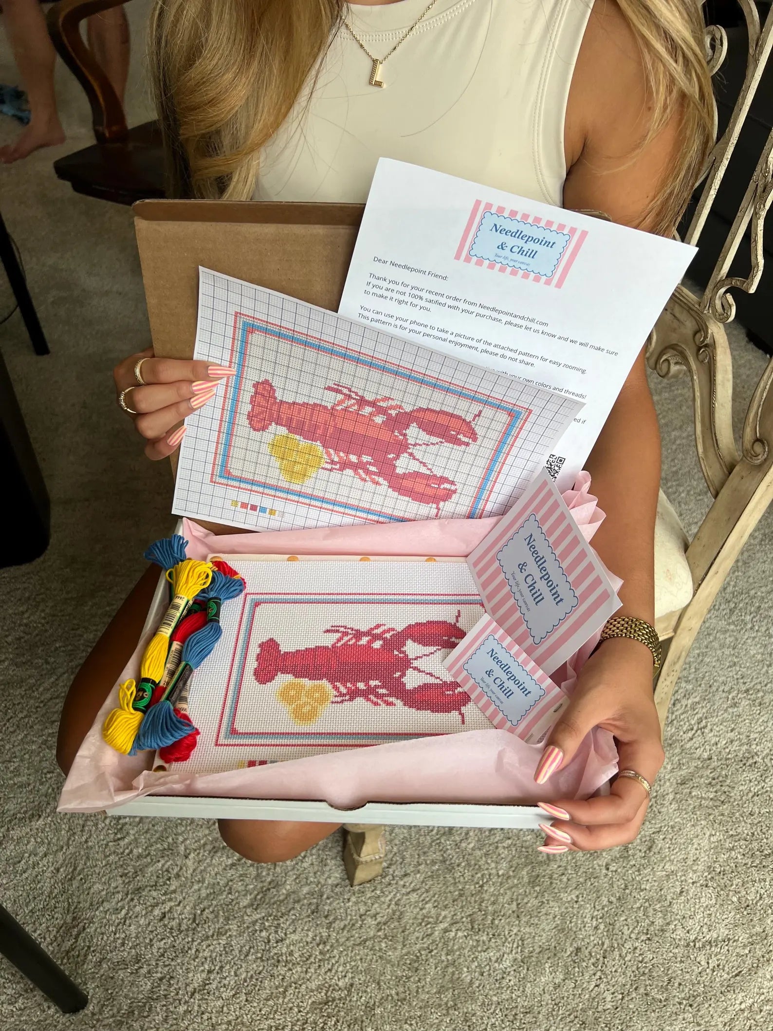 Lobster and Lemon Needlepoint Kit – Stitched Example – Needlepoint & Chill
