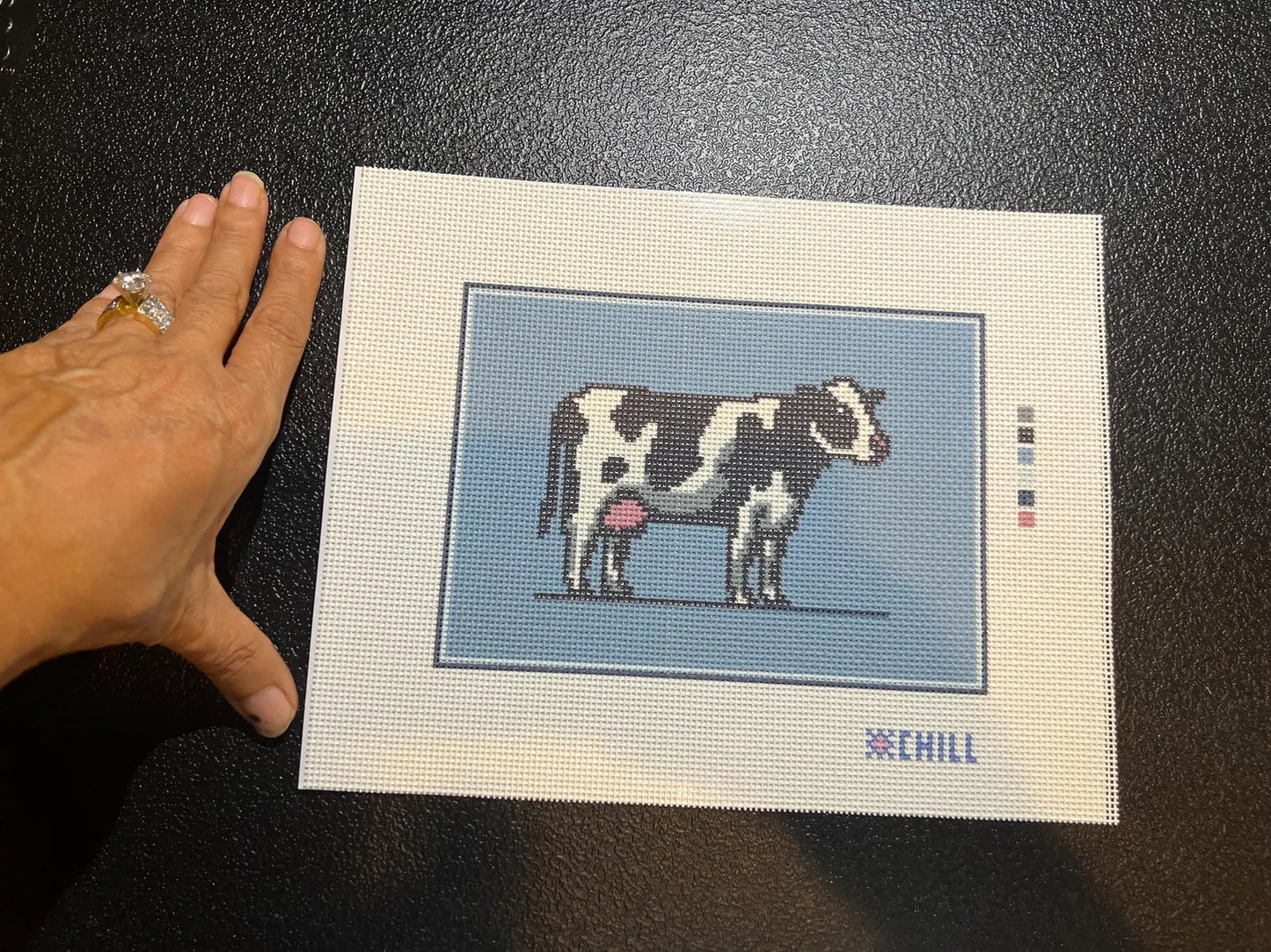 Cow Needlepoint Canvas – Stitched Example – Needlepoint & Chill
