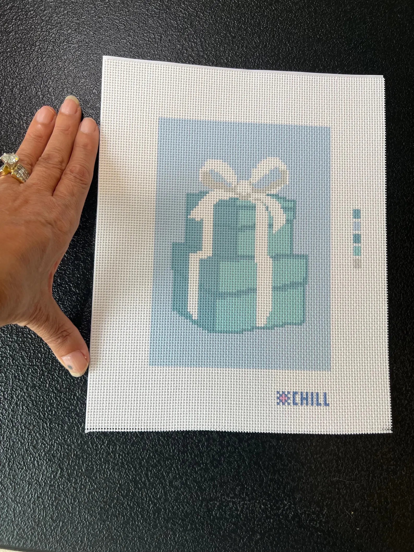 Tiffany Blue Gift Boxes Needlepoint Canvas – Stitched Example – Needlepoint & Chill