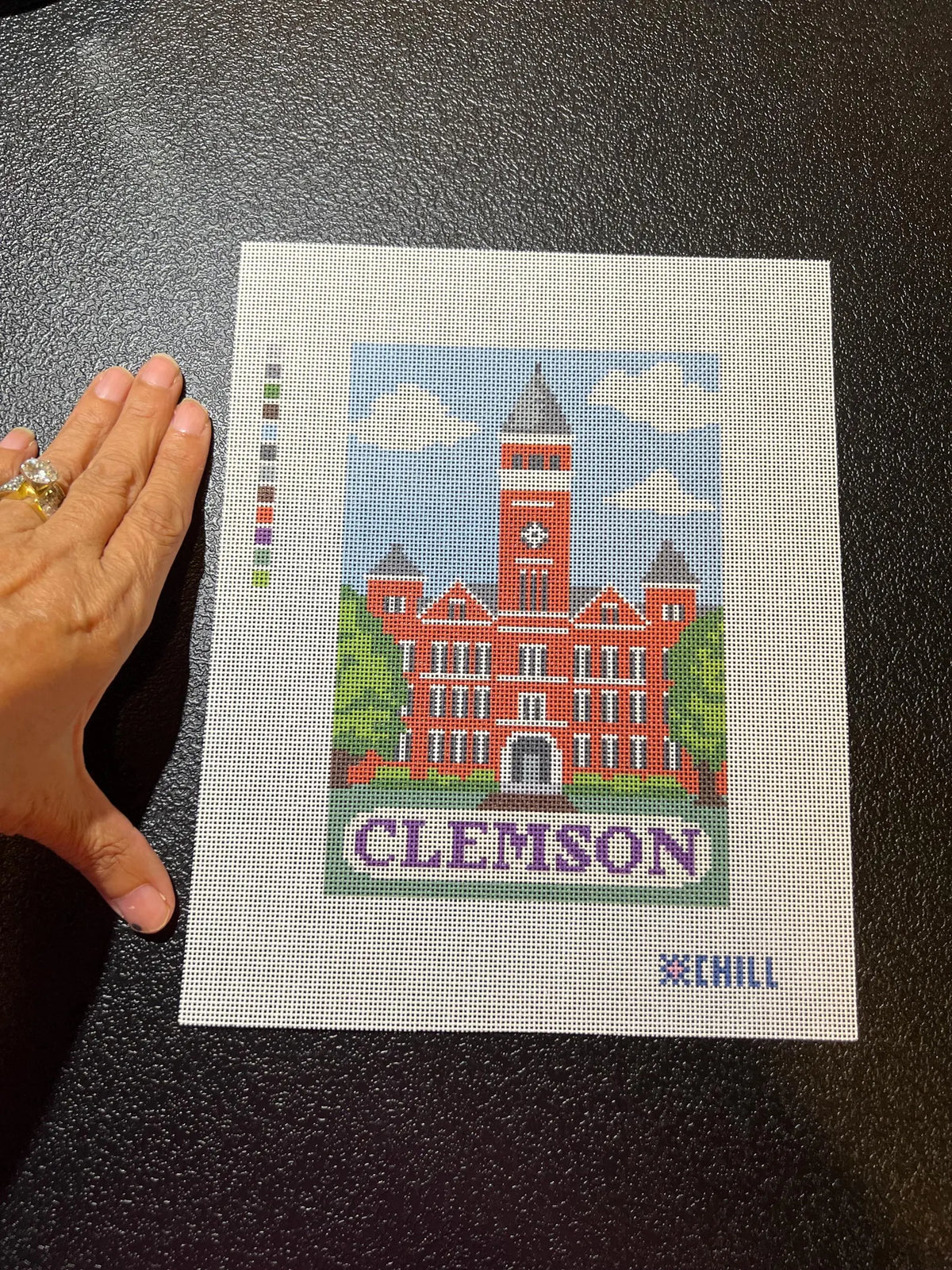 Clemson Tillman Hall Needlepoint Canvas – Stitched Example – Needlepoint & Chill
