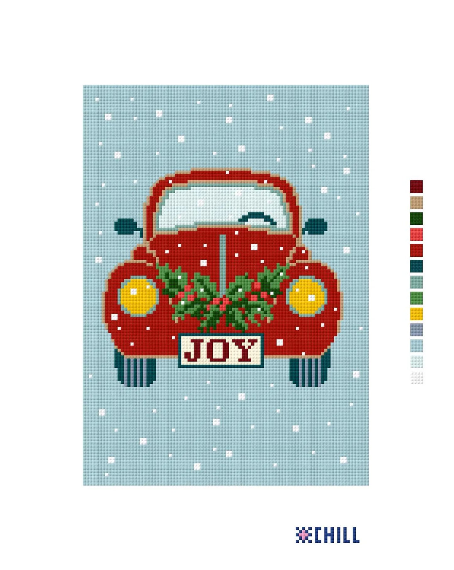 Red Christmas Car with Wreath Needlepoint Canvas – Holiday Snow Scene – Needlepoint & Chill