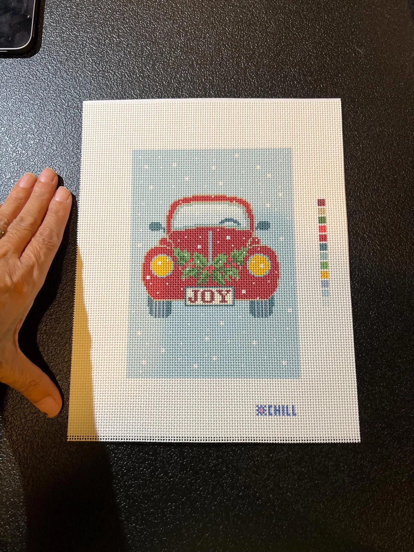 Red Christmas Car with Wreath Needlepoint Canvas – Stitched Example – Needlepoint & Chill