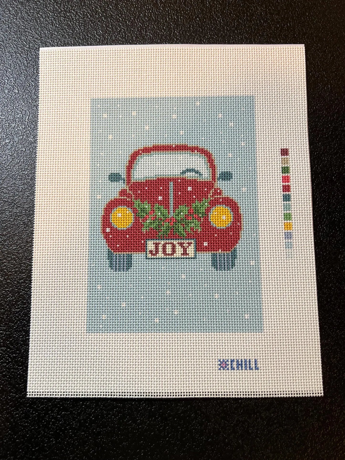 Red Christmas Car with Wreath Needlepoint Canvas – Canvas Detail – Needlepoint & Chill