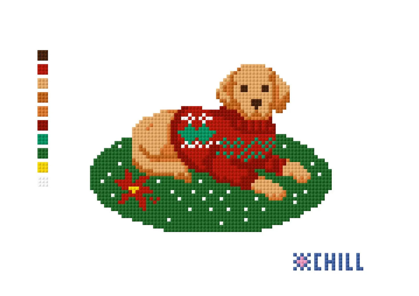 Christmas Puppy Needlepoint Canvas – Golden Dog in Holiday Sweater – Needlepoint & Chill