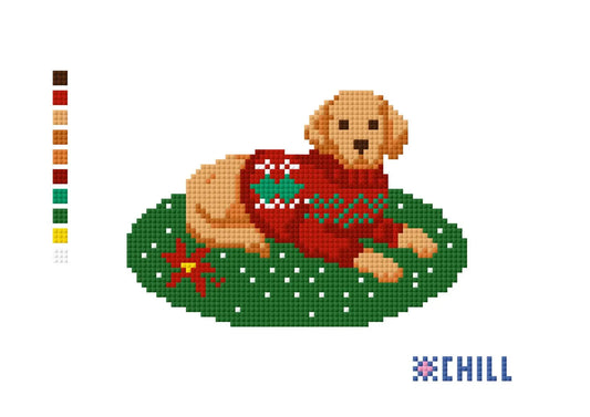 Christmas Puppy Needlepoint Canvas – Golden Dog in Holiday Sweater – Needlepoint & Chill