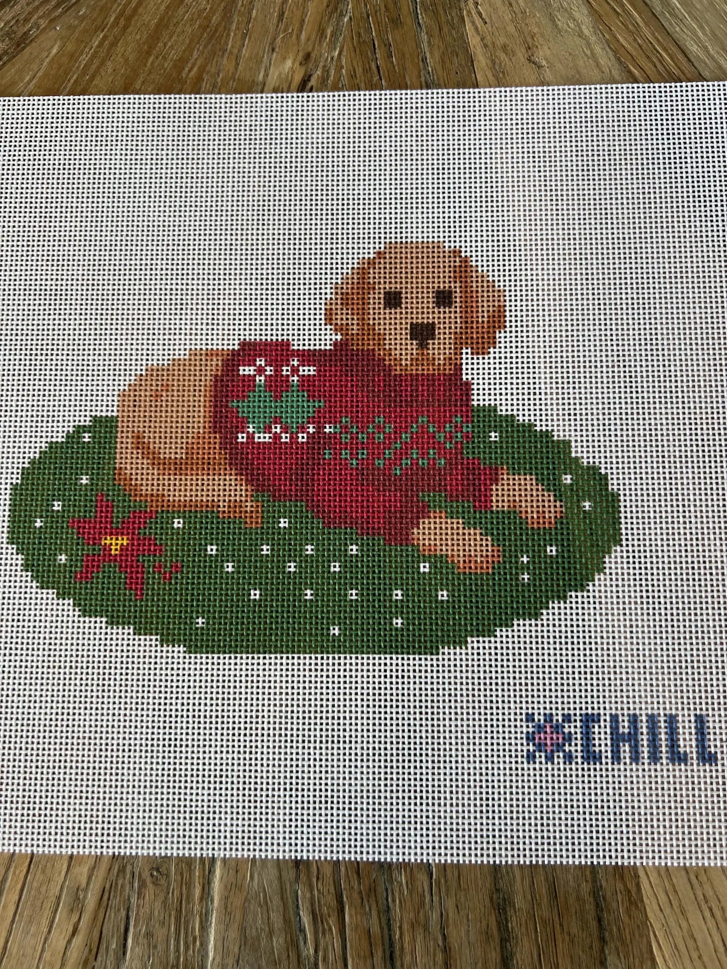 Christmas Puppy Needlepoint Canvas – Stitched Example – Needlepoint & Chill