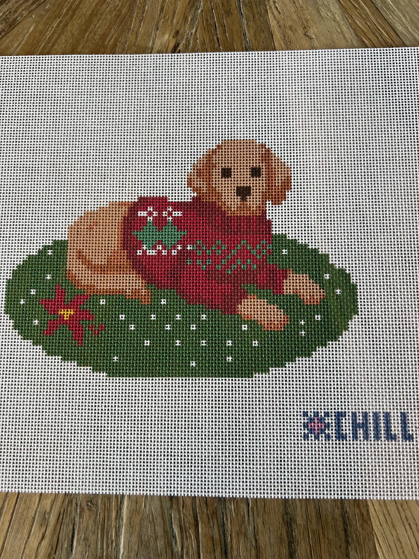 Christmas Puppy Needlepoint Canvas – Stitched Example – Needlepoint & Chill