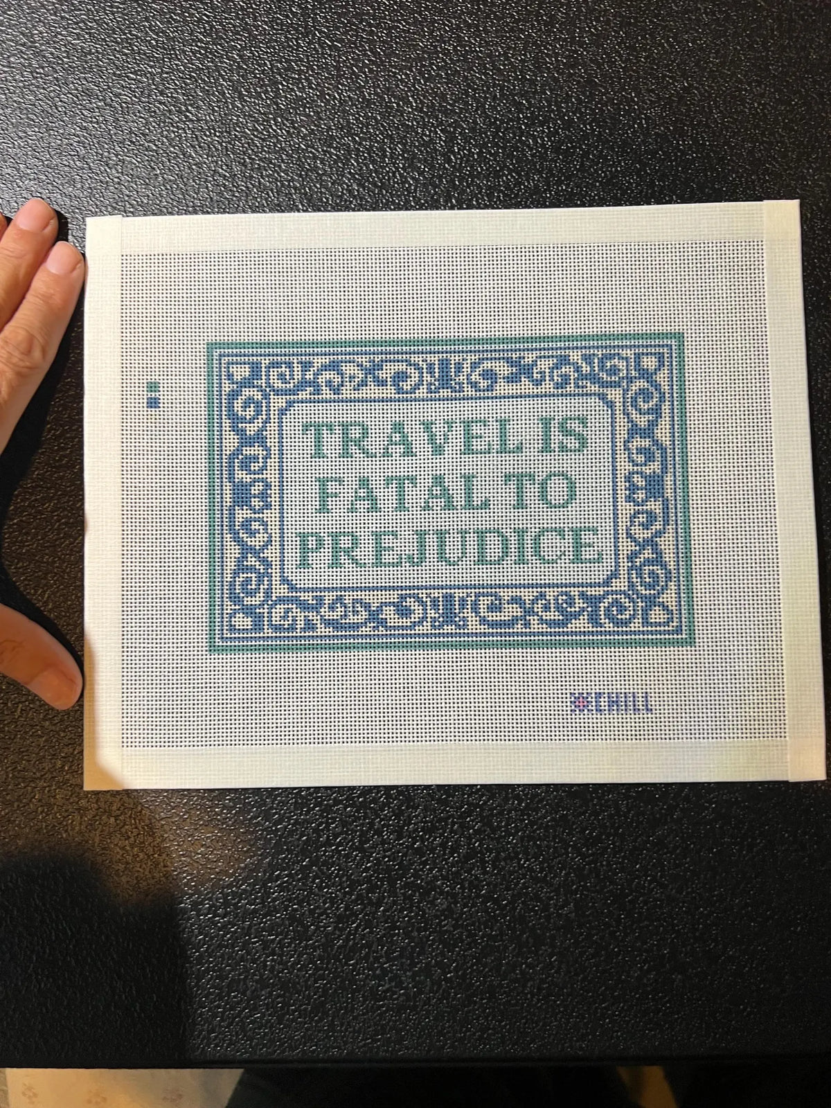 Travel is Fatal to Prejudice Needlepoint Canvas – Stitched Example – Needlepoint & Chill