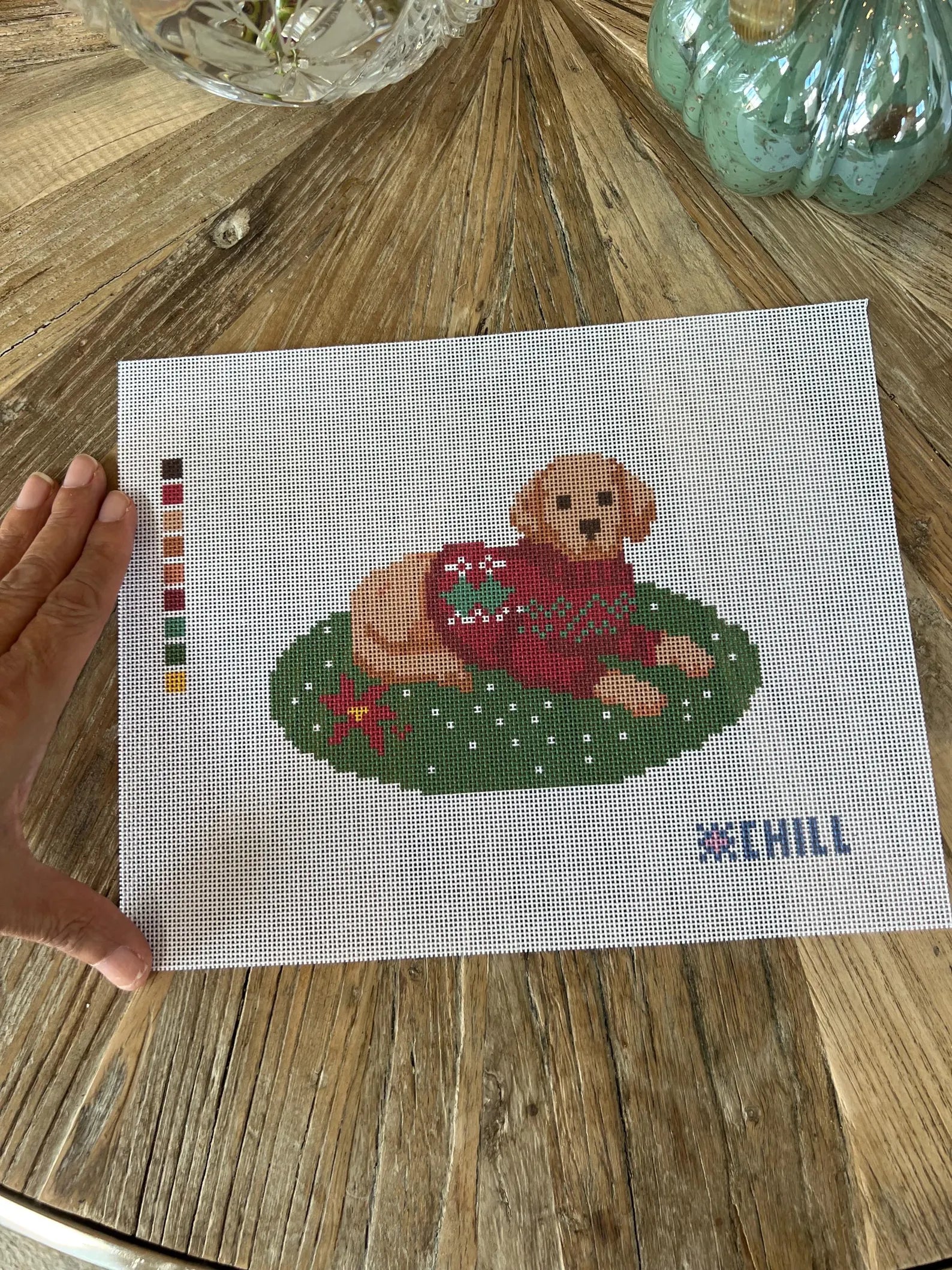 Christmas Puppy Needlepoint Canvas – Finished Piece – Needlepoint & Chill