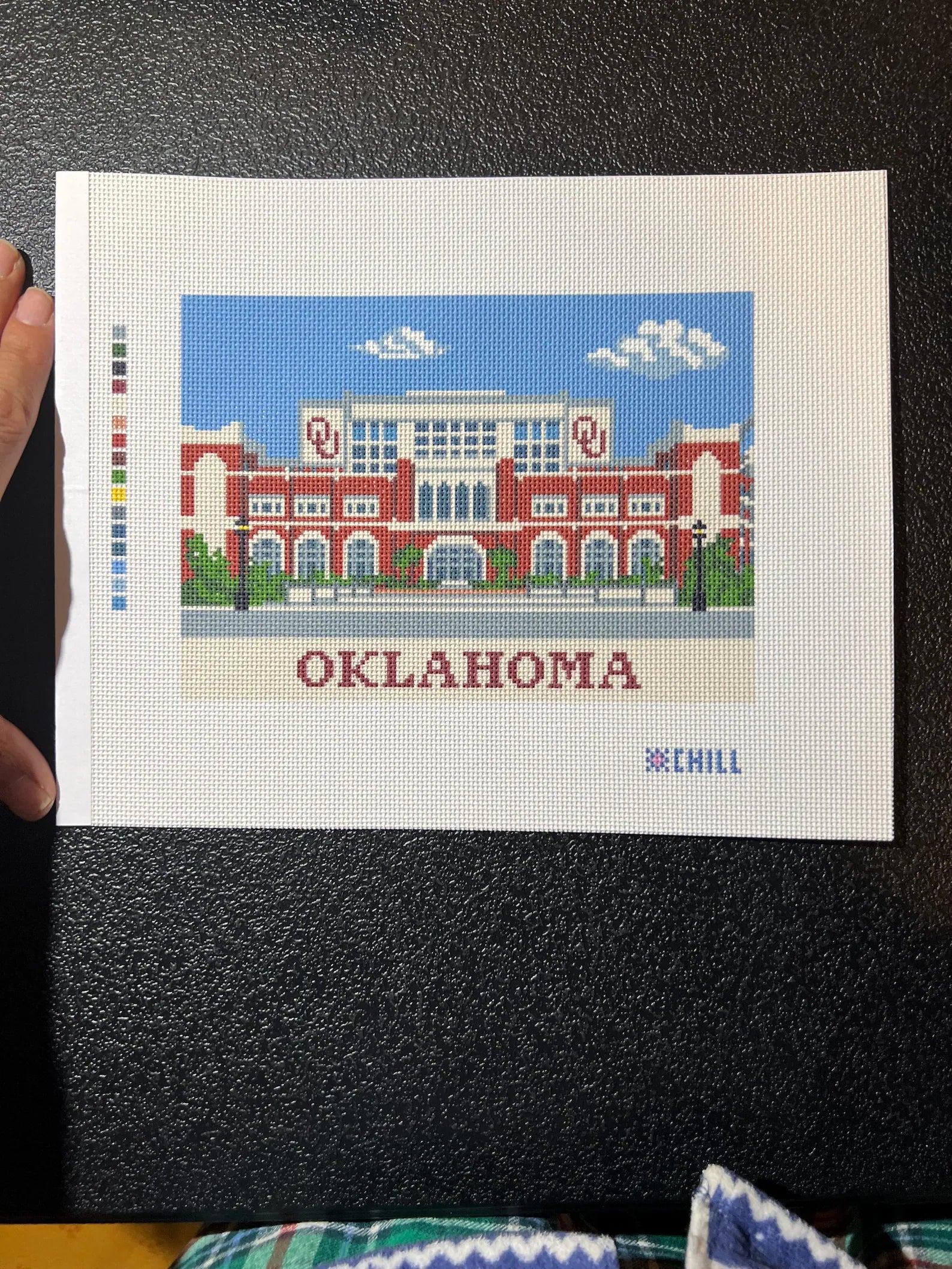 Oklahoma Campus Architecture Needlepoint Canvas – Stitched Example – Needlepoint & Chill