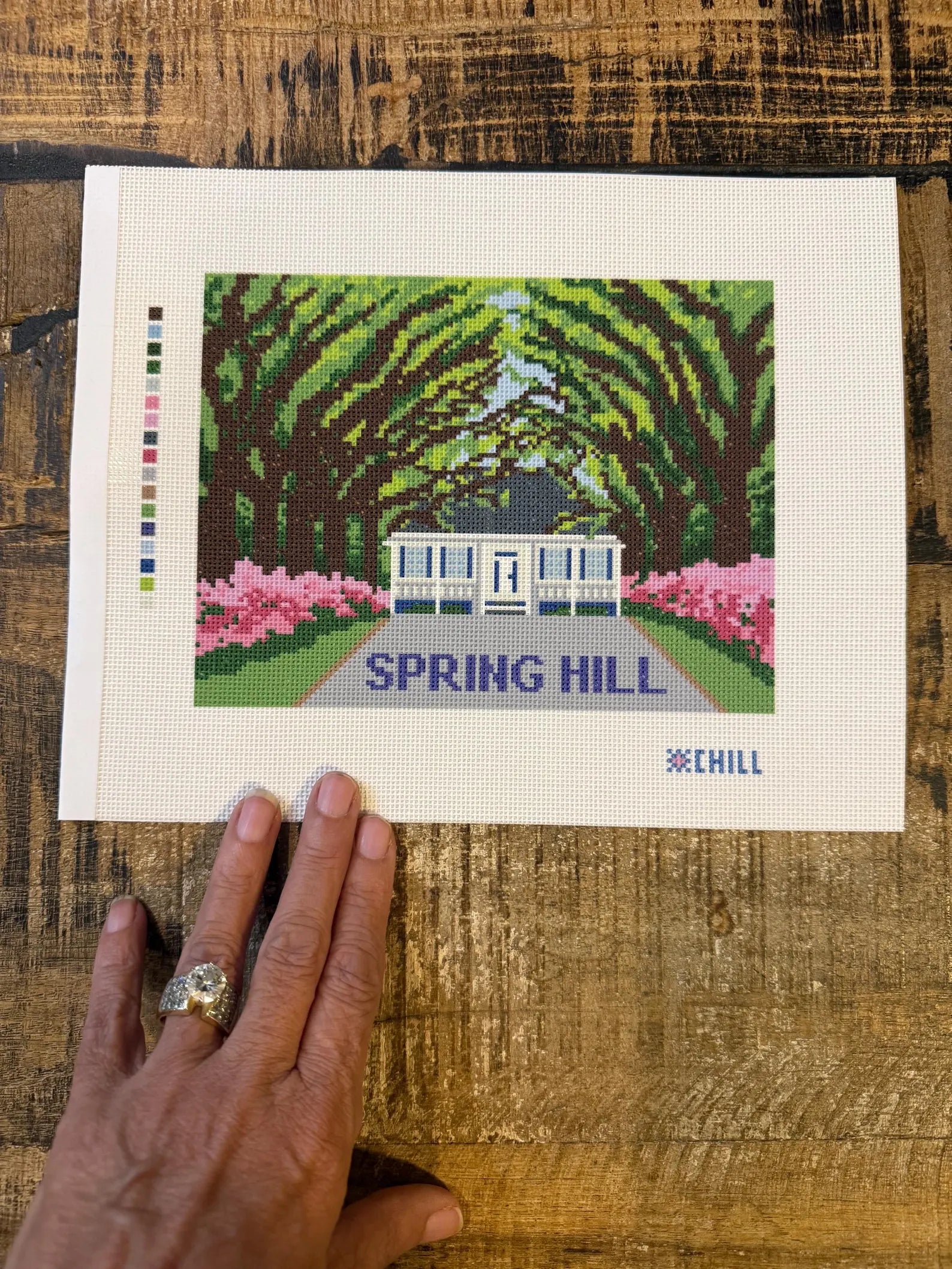 Spring Hill Avenue of Oaks Needlepoint Canvas – Stitched Example – Needlepoint & Chill