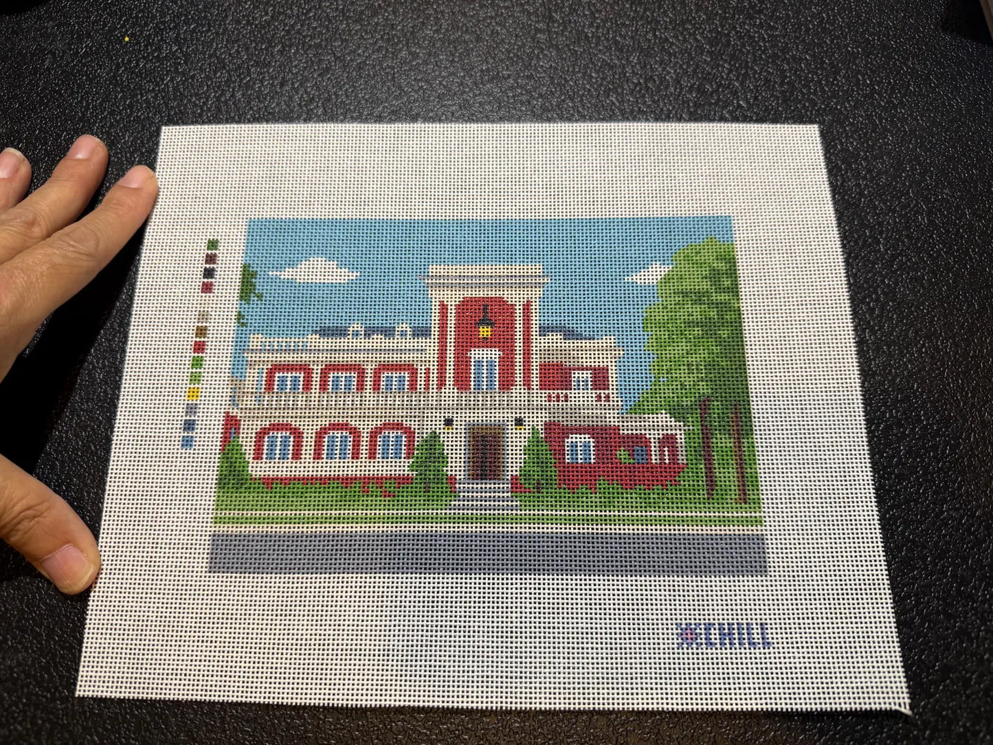 Tuscaloosa Red Brick Sorority House Needlepoint Canvas – Stitched Example – Needlepoint & Chill