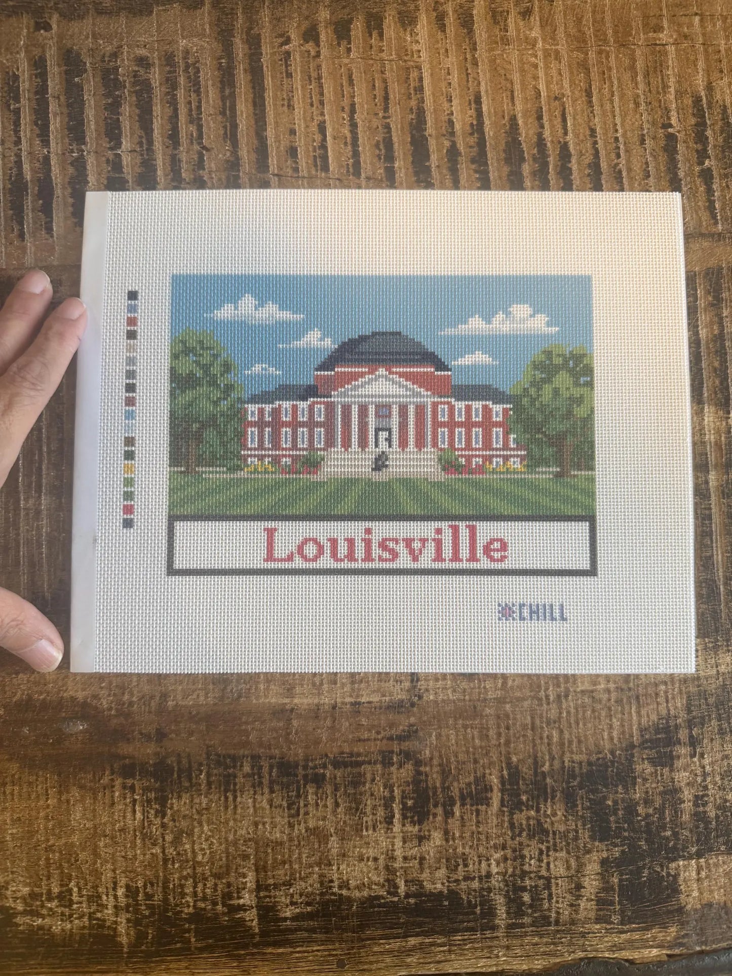 Louisville Campus Needlepoint Canvas – Stitched Example – Needlepoint & Chill