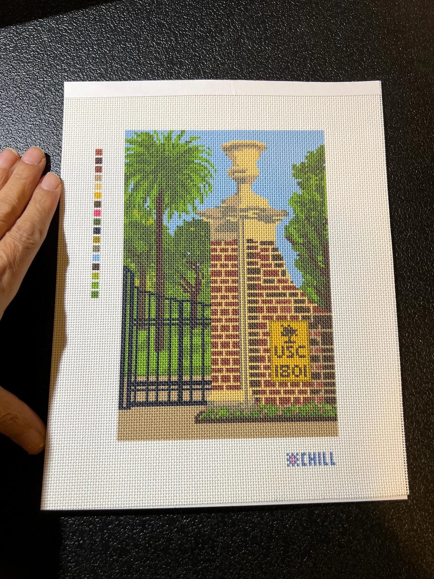 South Carolina Brick Gate Needlepoint Canvas – Stitched Example – Needlepoint & Chill