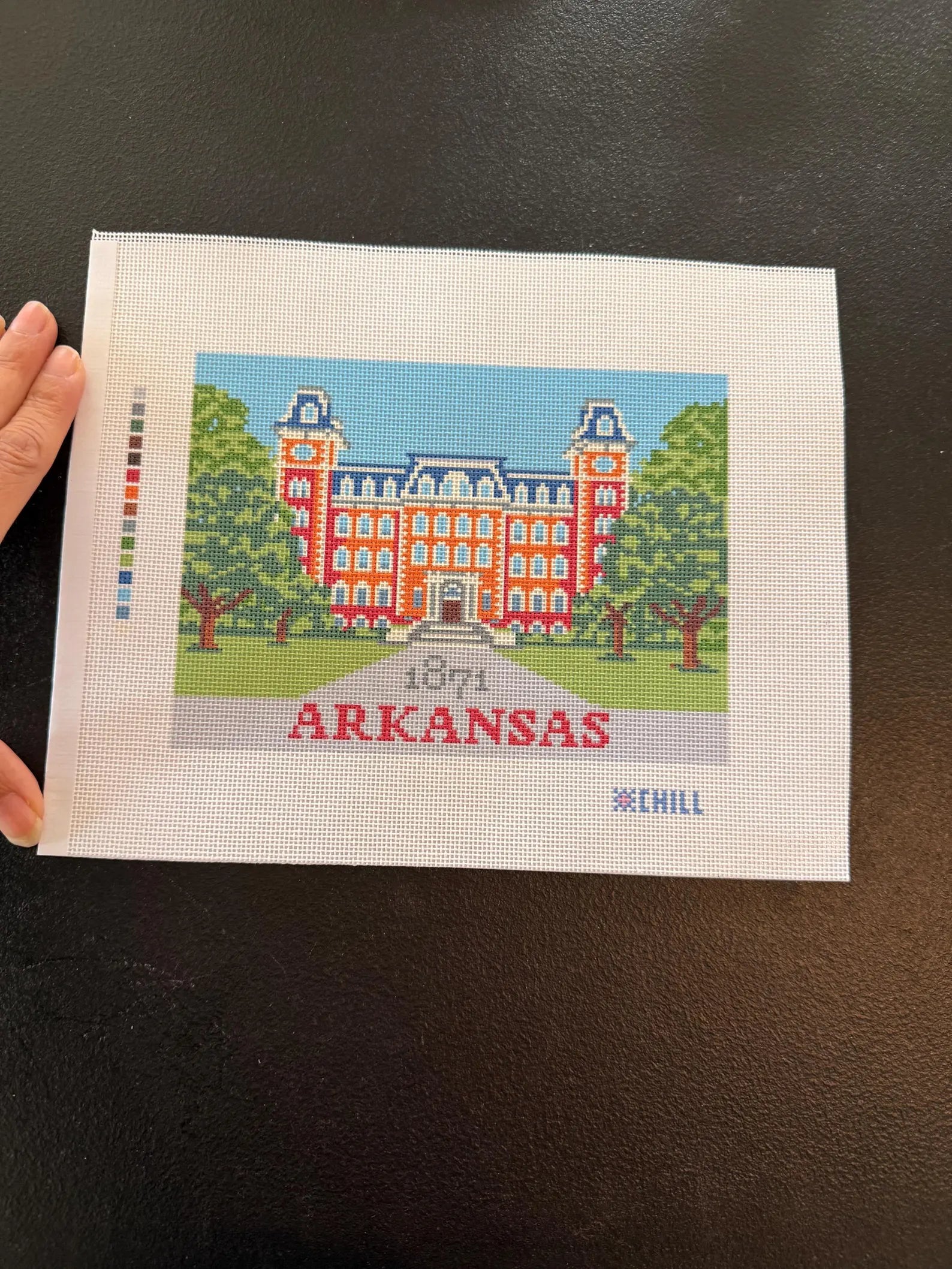 Arkansas Old Main Needlepoint Canvas – Stitched Example – Needlepoint & Chill