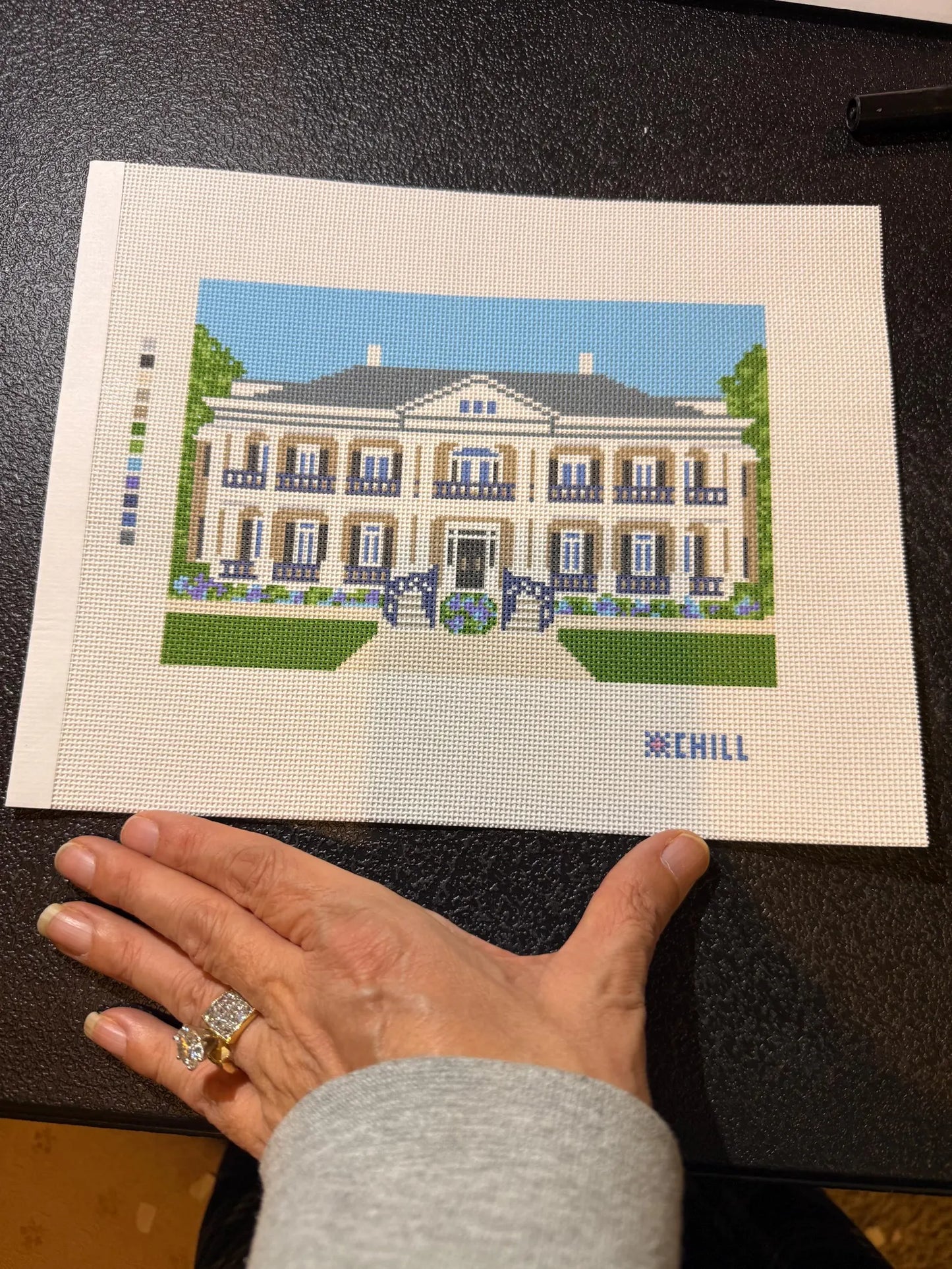 Tuscaloosa Greek Row Sorority House Needlepoint Canvas – Stitched Example – Needlepoint & Chill