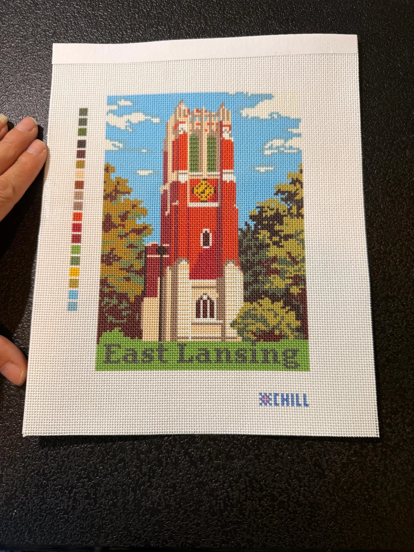 East Lansing Campus Tower Needlepoint Canvas – Stitched Example – Needlepoint & Chill