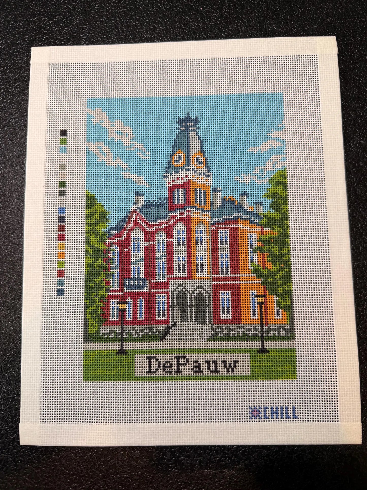 Greencastle Indiana Campus Landmark Needlepoint Canvas – Canvas Detail – Needlepoint & Chill