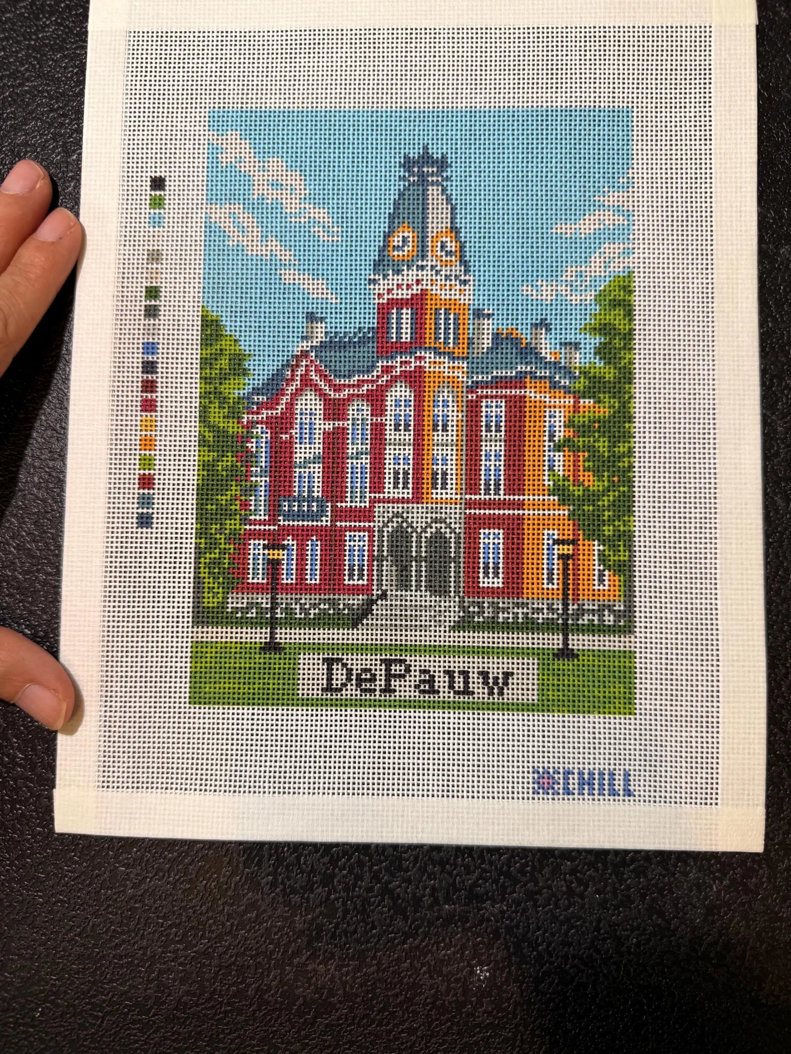 Greencastle Indiana Campus Landmark Needlepoint Canvas – Stitched Example – Needlepoint & Chill