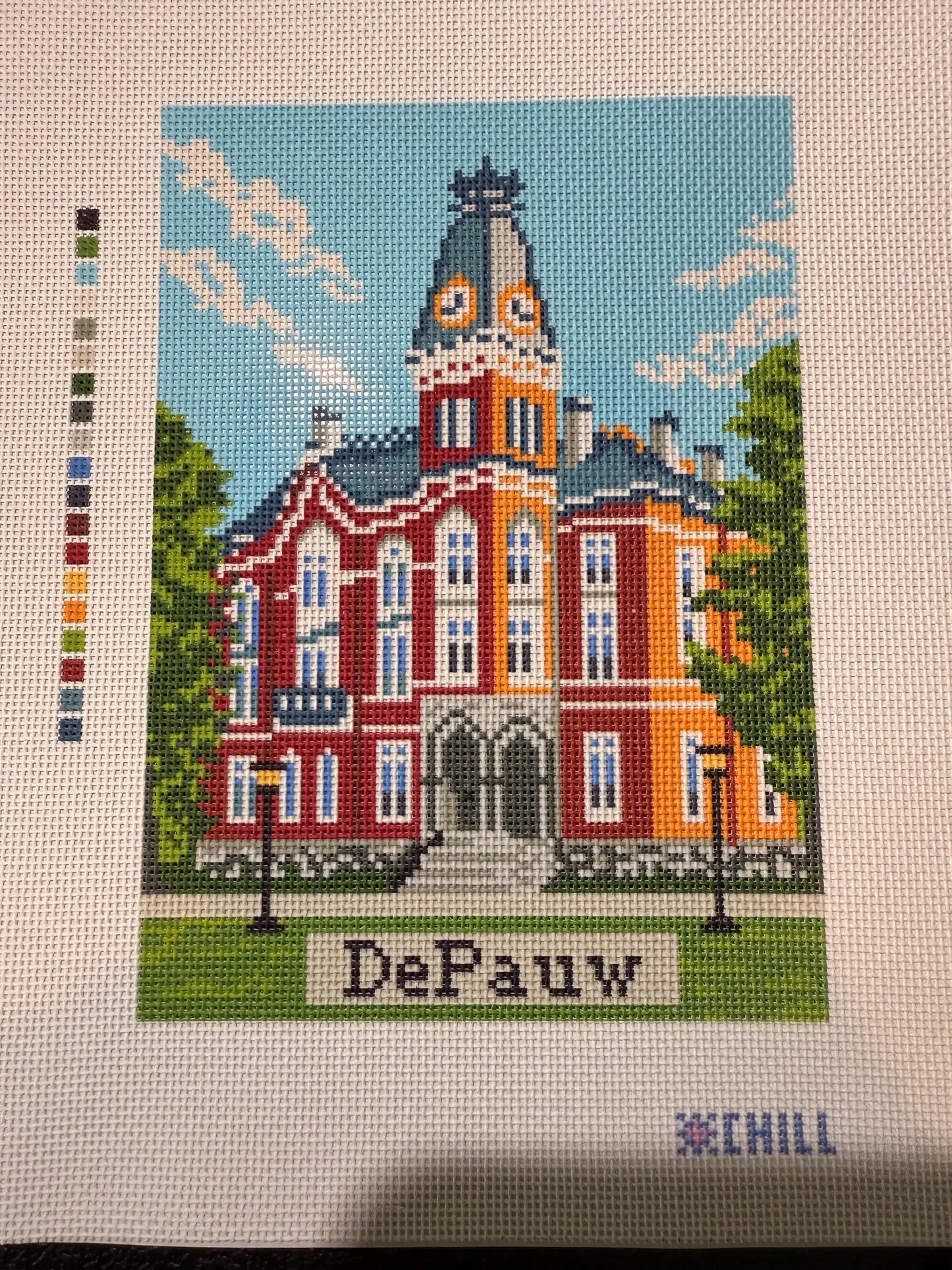 Greencastle Indiana Campus Landmark Needlepoint Canvas – Full View – Needlepoint & Chill