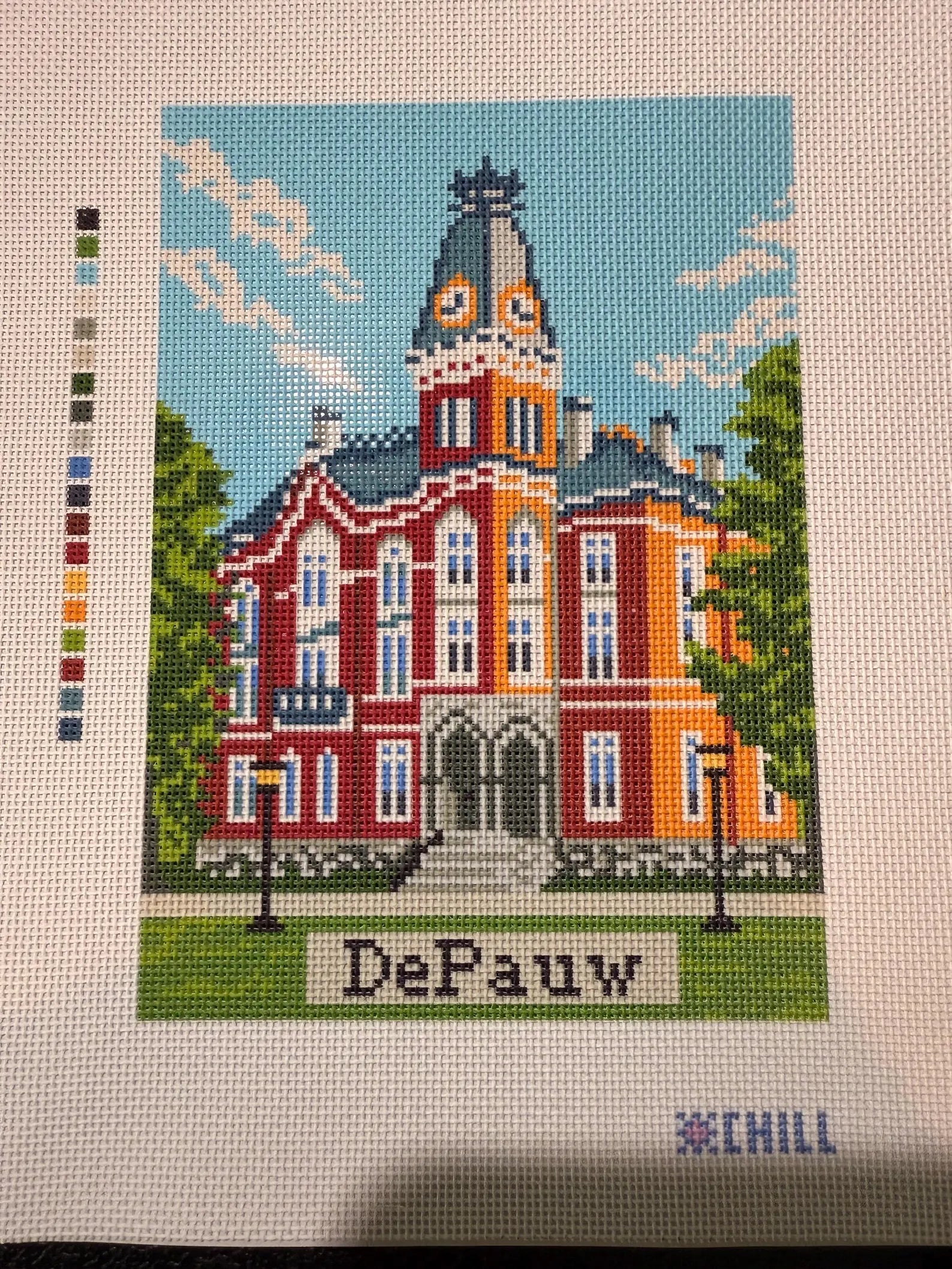 Greencastle Indiana Campus Landmark Needlepoint Canvas – Full View – Needlepoint & Chill