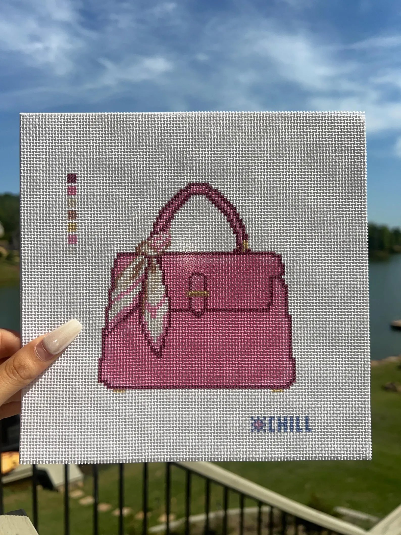 Pink Handbag with Scarf Needlepoint Canvas – Full View – Needlepoint & Chill
