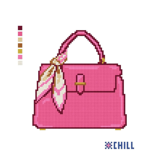 Pink Handbag with Scarf Needlepoint Canvas – Preppy Fashion Design – Needlepoint & Chill