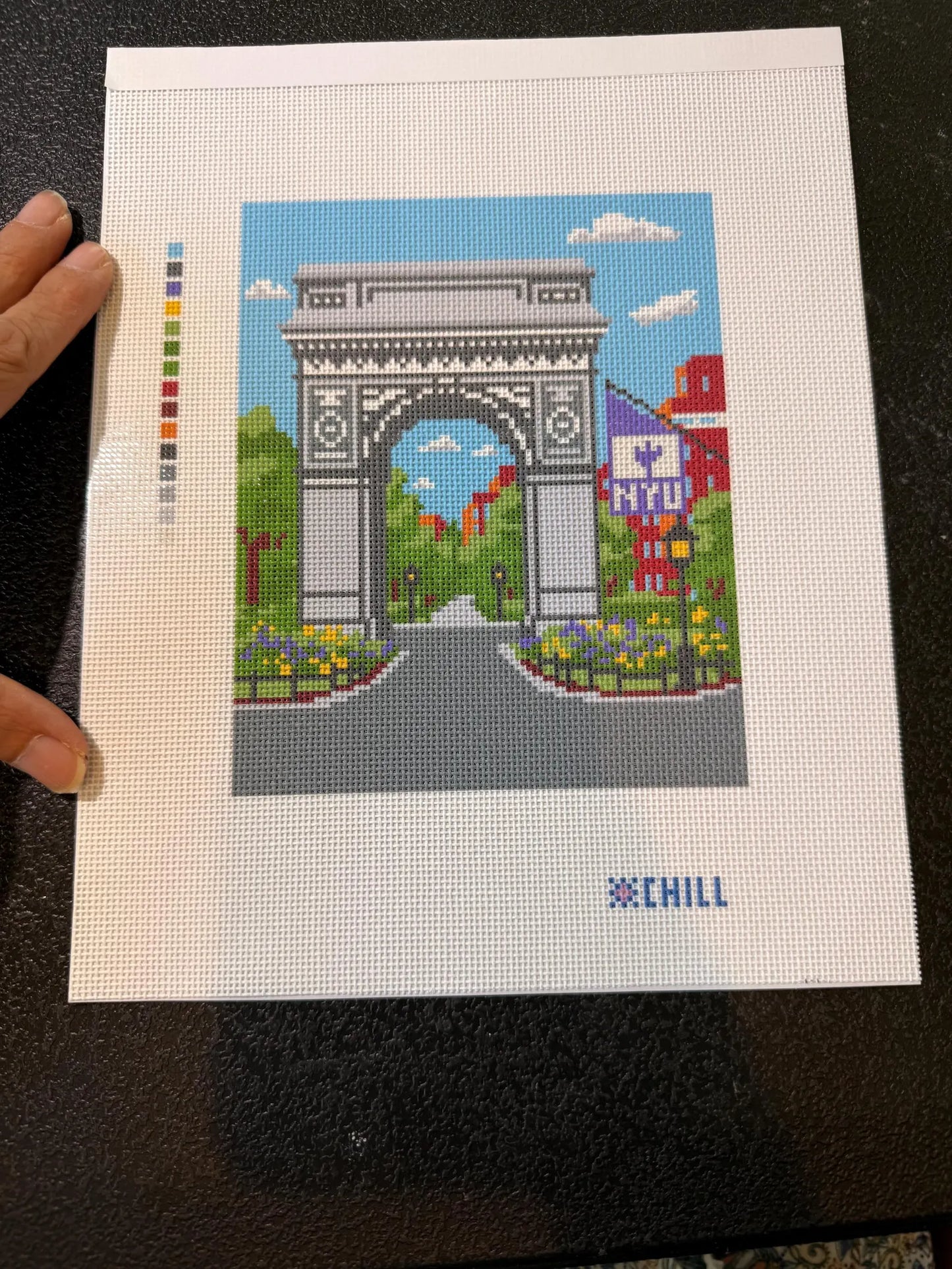 NYC Arch Campus Needlepoint Canvas – Stitched Example – Needlepoint & Chill