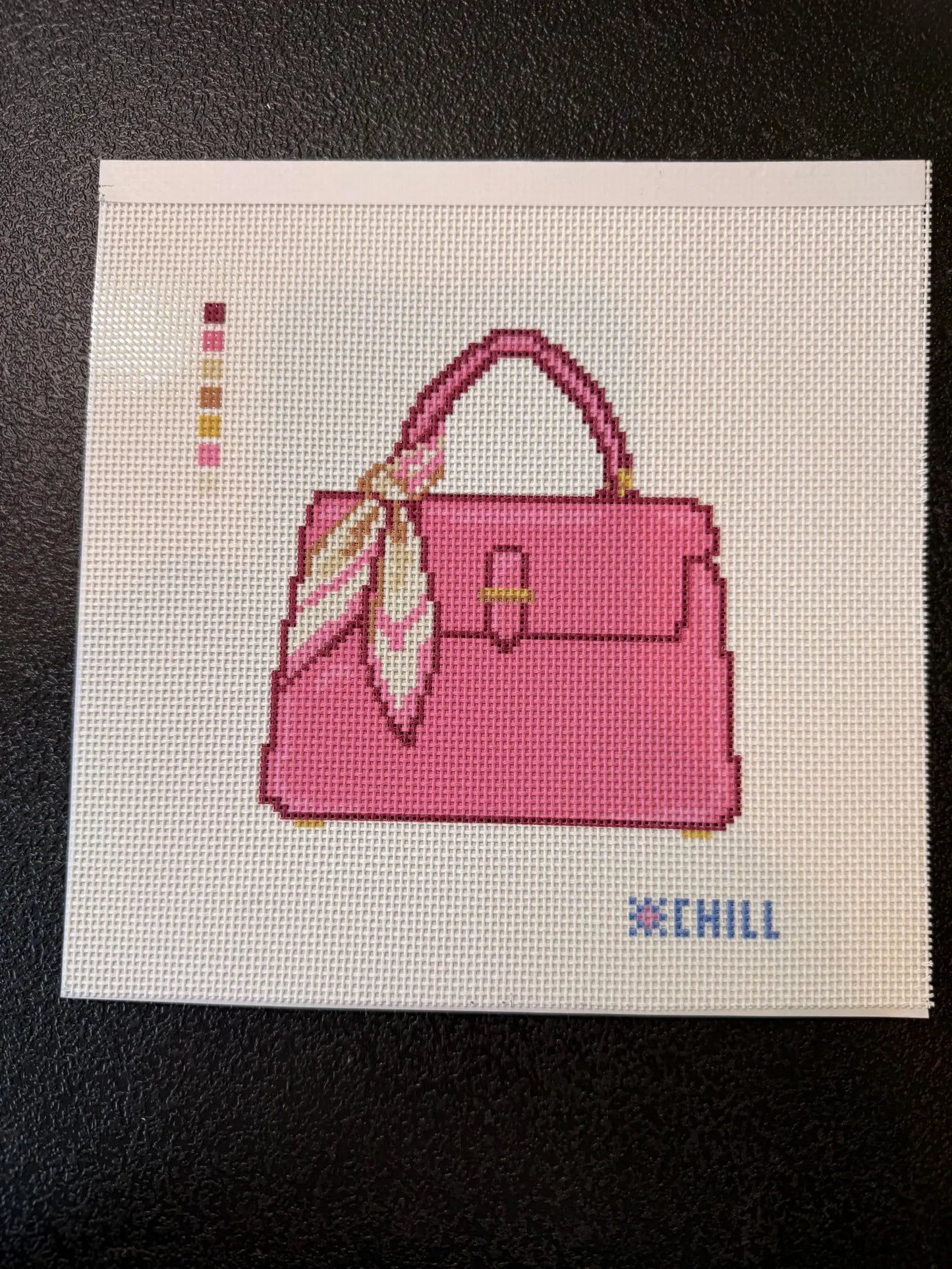 Pink Handbag with Scarf Needlepoint Canvas – Stitched Example – Needlepoint & Chill