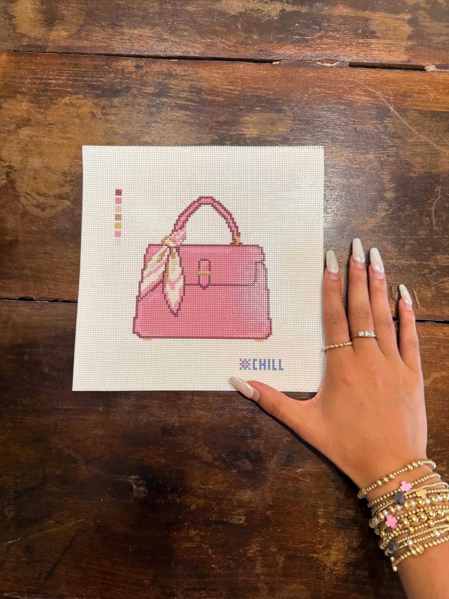 Pink Handbag with Scarf Needlepoint Canvas – Canvas Detail – Needlepoint & Chill