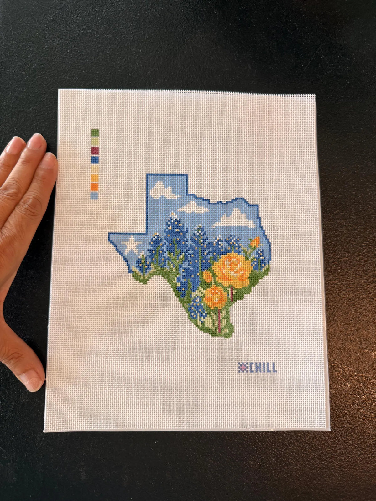 Texas Bluebonnet Needlepoint Canvas – Stitched Example – Needlepoint & Chill