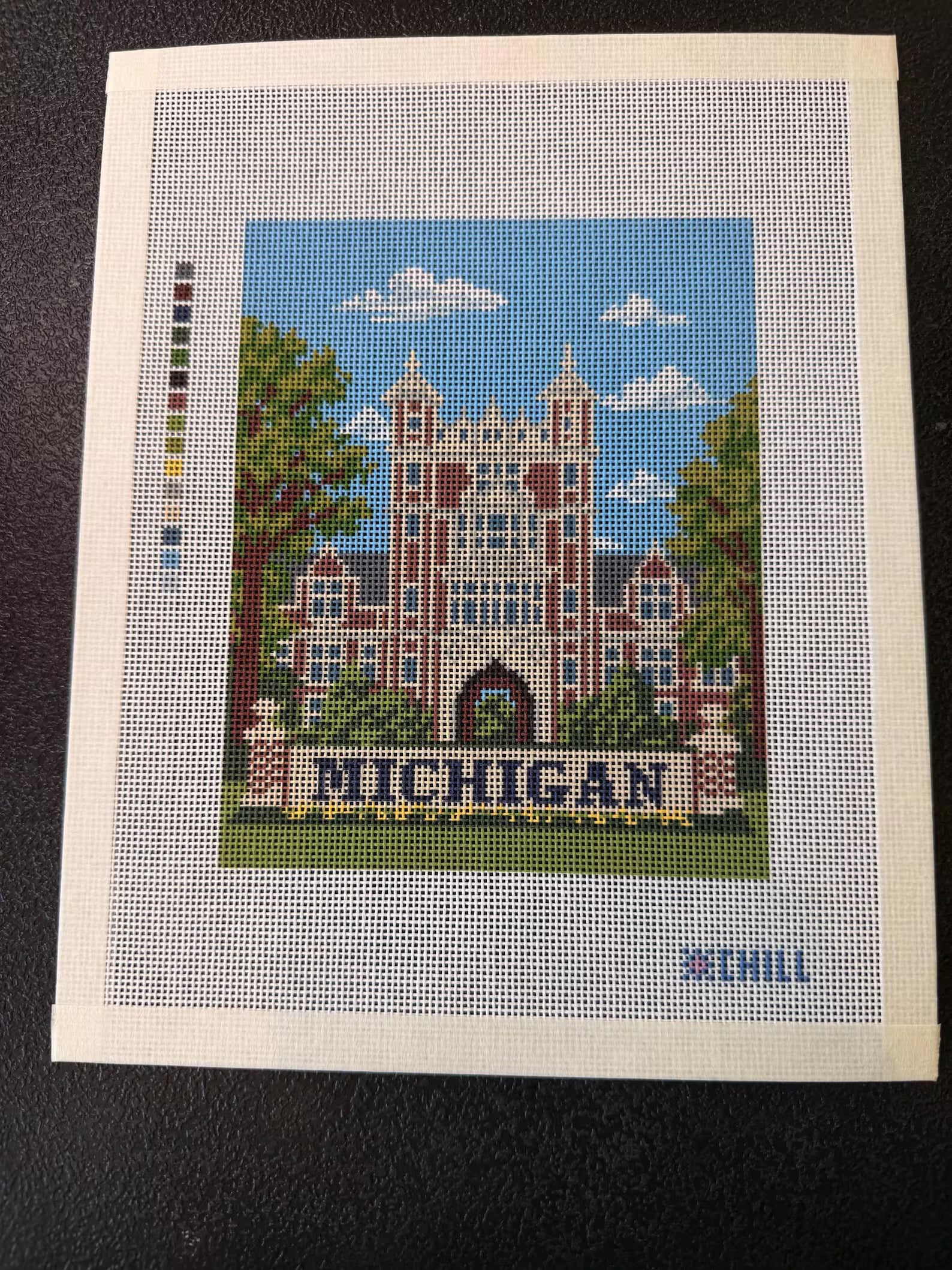 Michigan Campus Landmark Needlepoint Canvas – Stitched Example – Needlepoint & Chill
